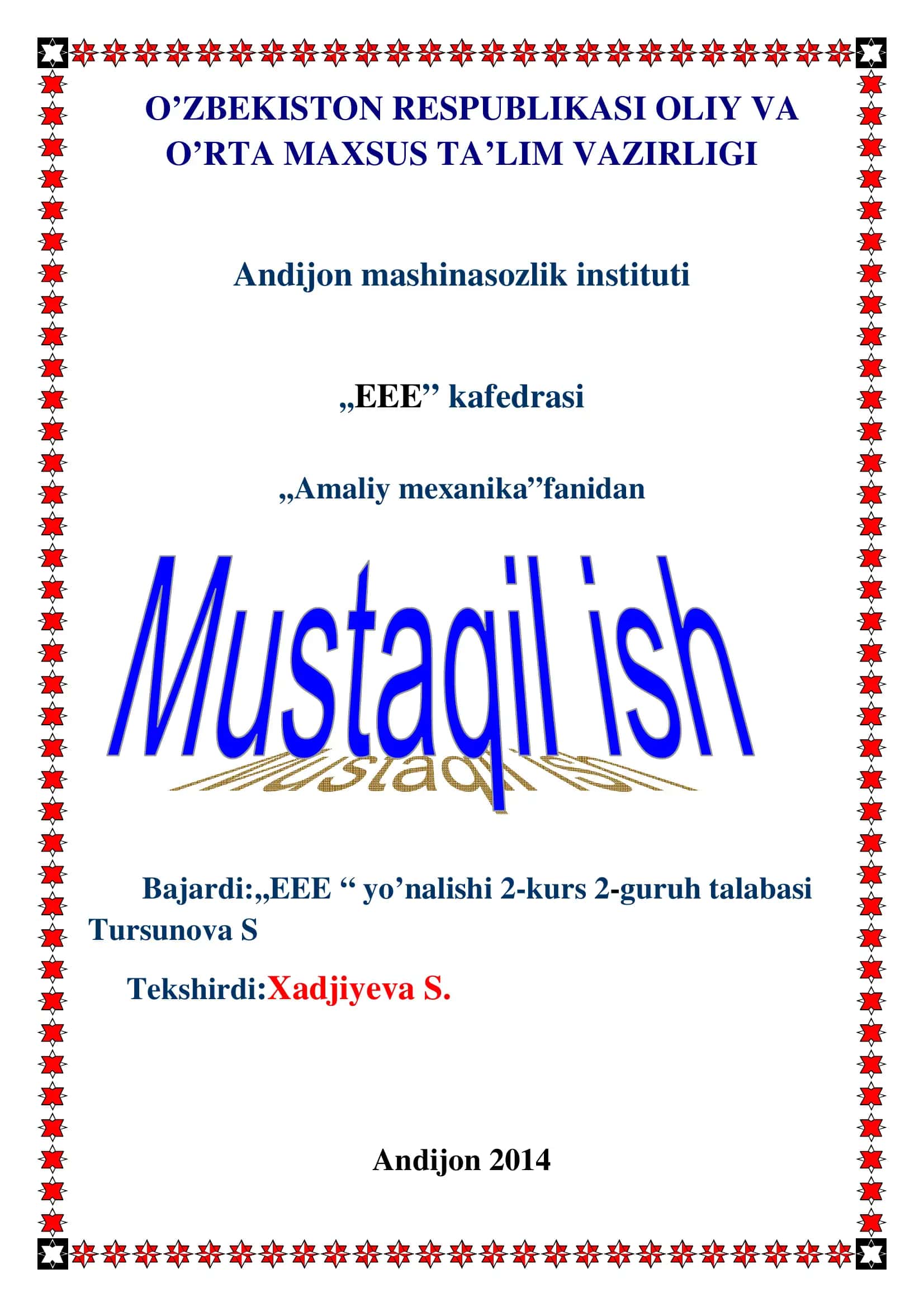 Amaliy mexanika fanidan mustaqil ish mavzulari 1