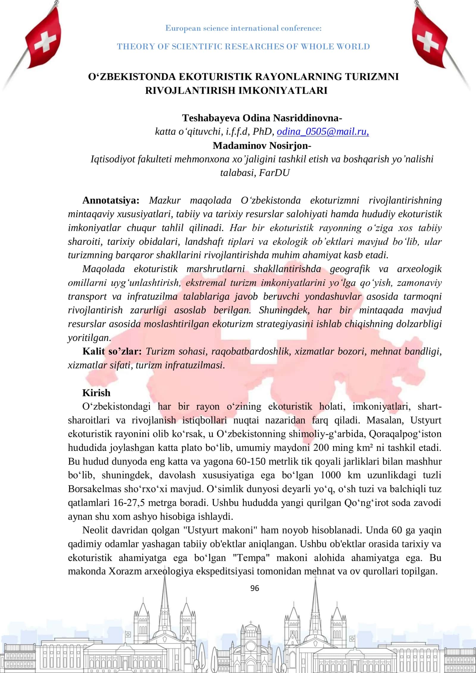 O‘ZBEKISTОNDA EKОTURISTIK RАYОNLАRNING TURIZMNI RIVОJLАNTIRISH IMKОNIYАTLАRI 1