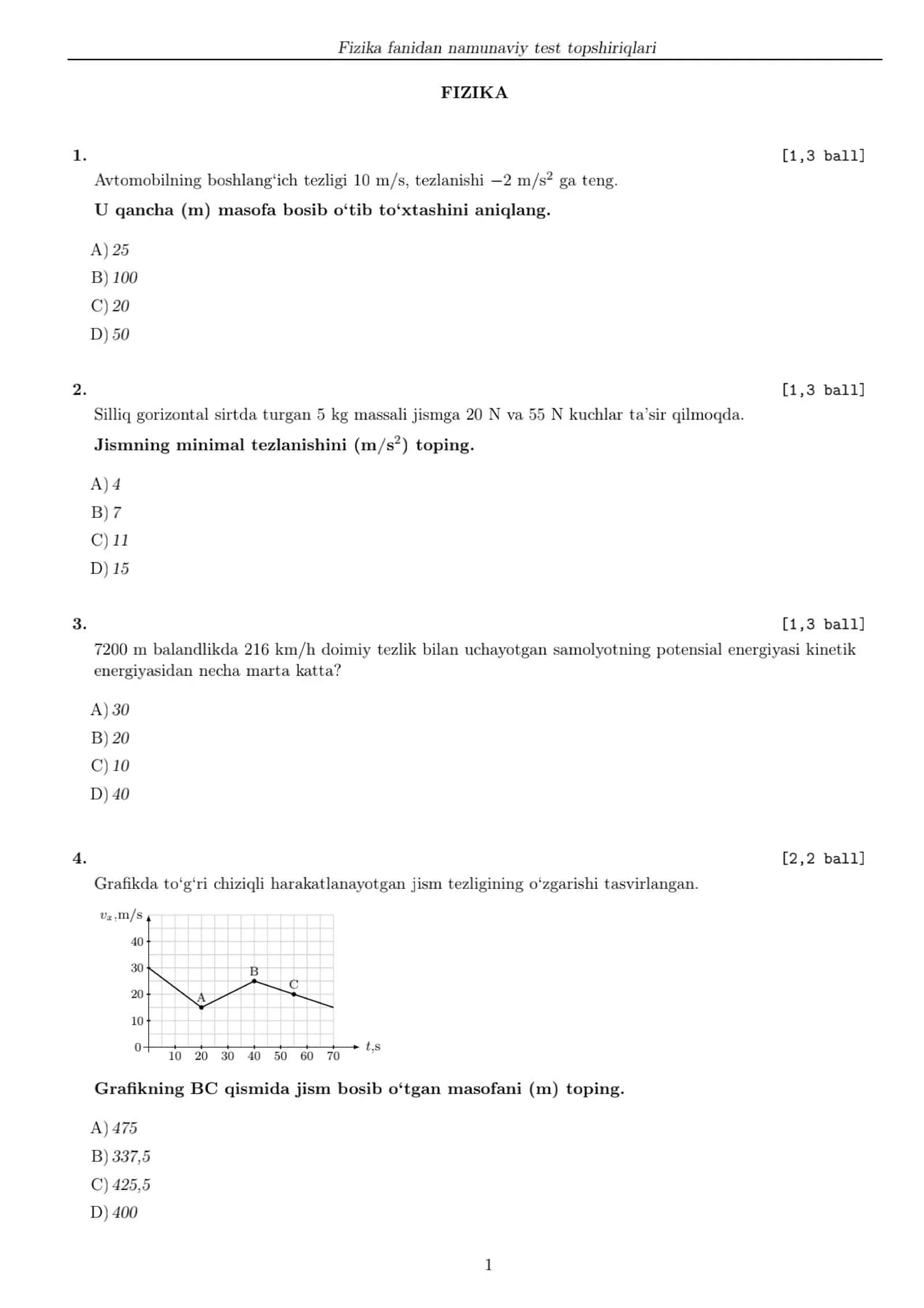 Fizikadan milliy sertifikat MOCK test 1