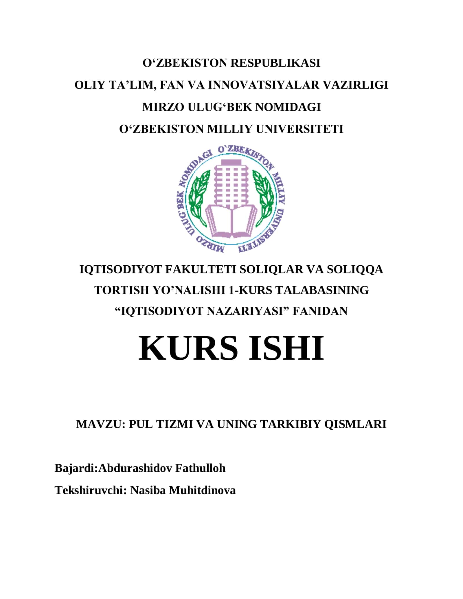 PUL TIZMI VA UNING TARKIBIY QISMLARI 1