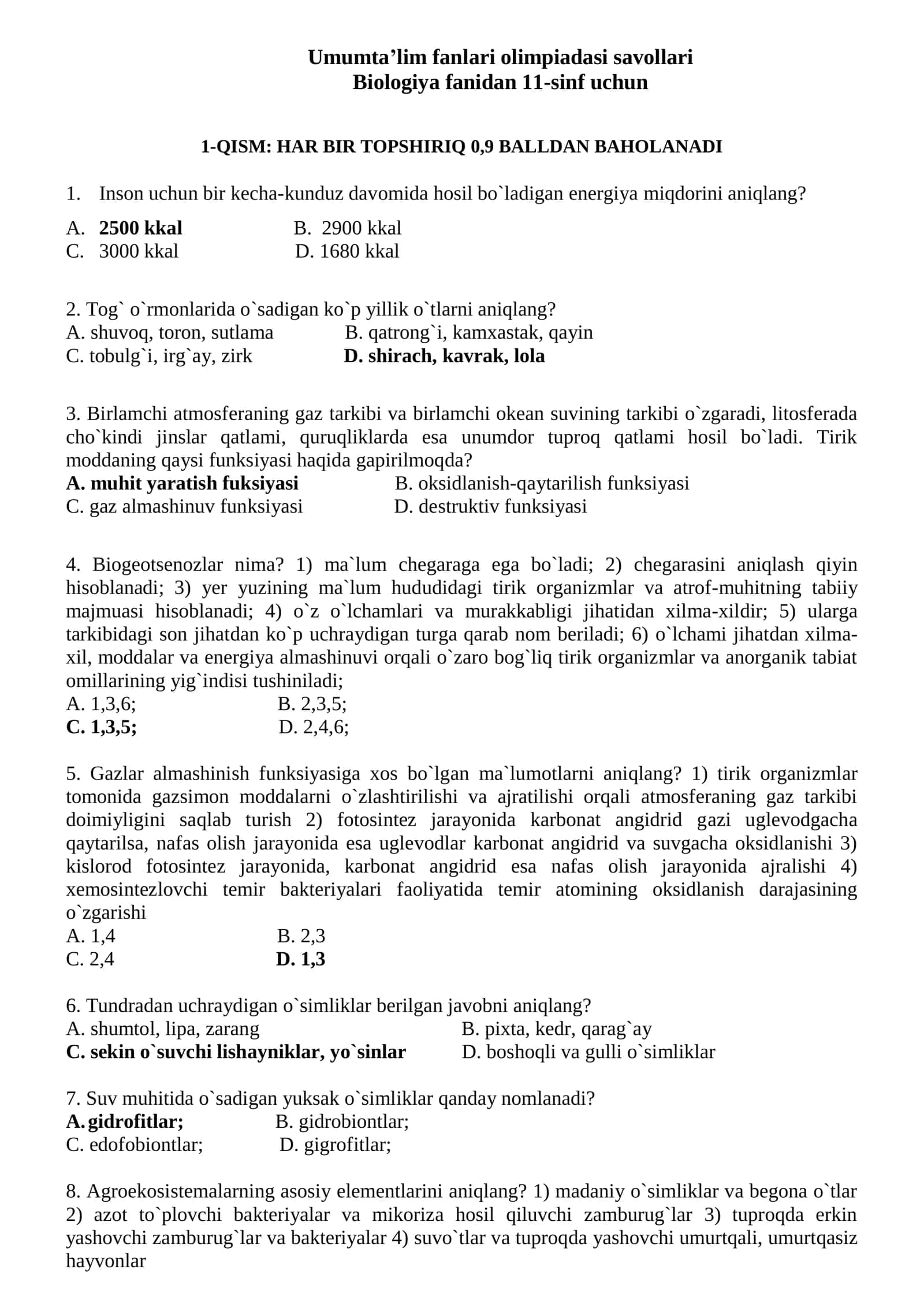 Olimpiada savol va javoblari 11-sinf o'quvchilari uchun biologiy fanidan 1