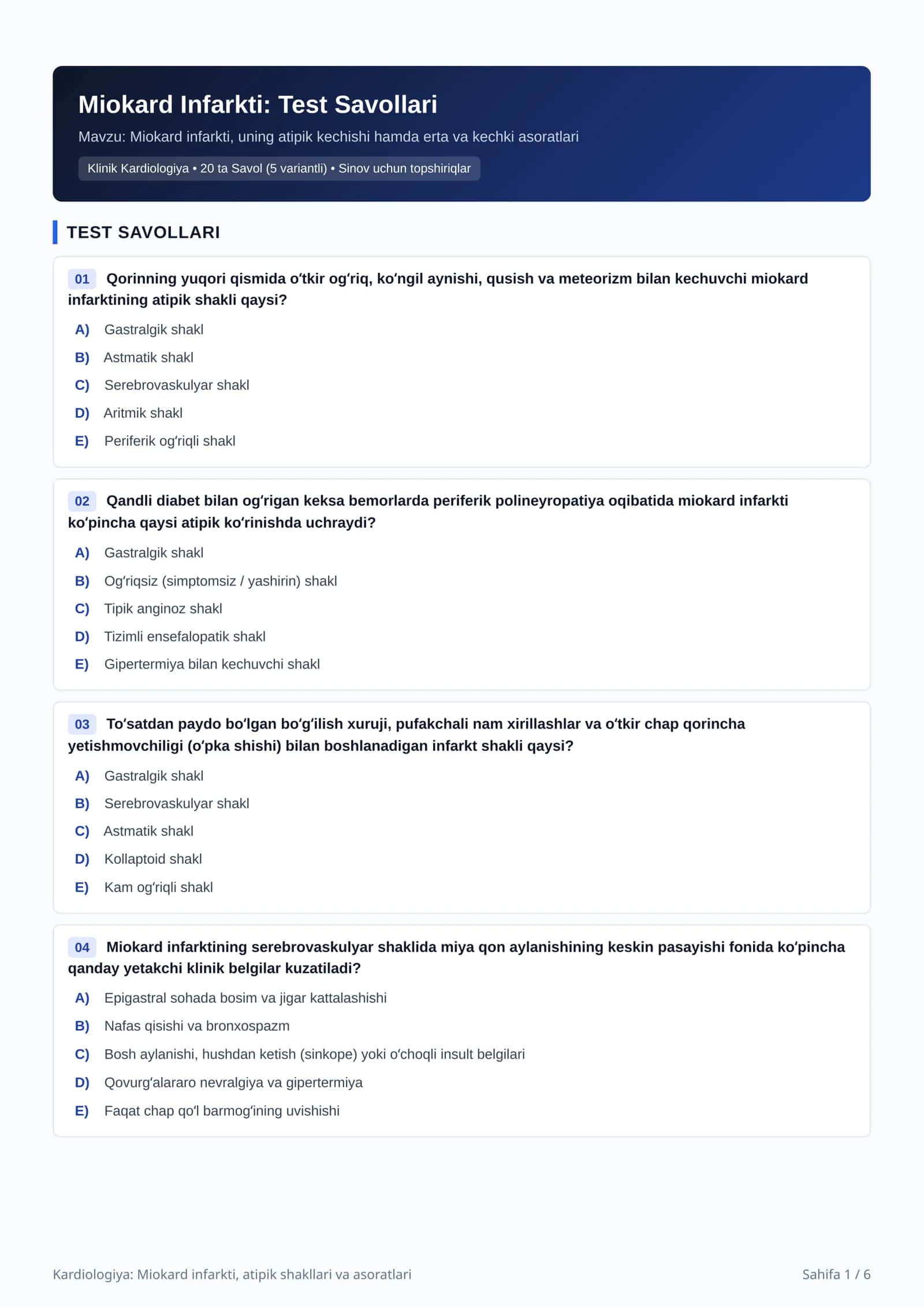 Miokard Infarkti: Test Savollari 1