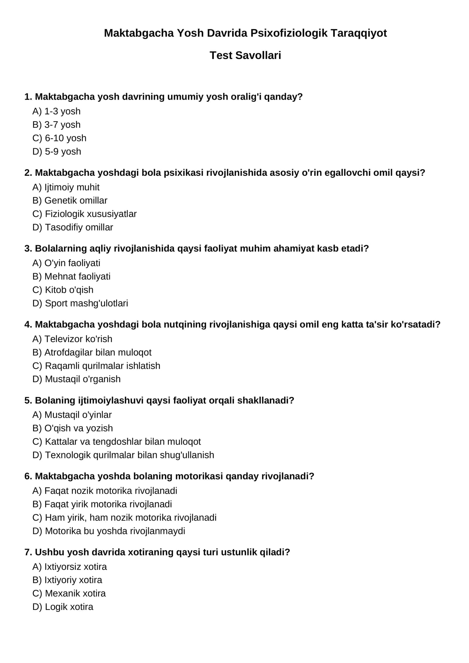 Maktabgacha Yosh Davrida Psixofiziologik Taraqqiyot Test Savollari 1