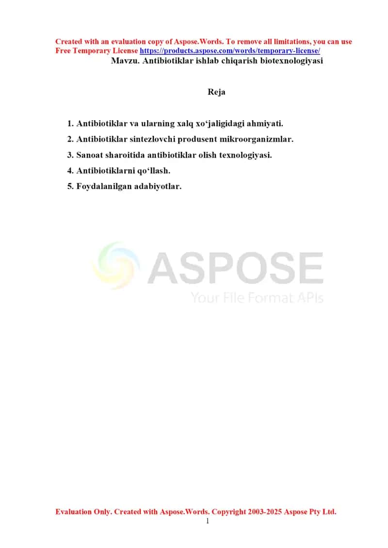 9. Antibiotiklar ishlab chiqarish. Referat 16 bet. 1