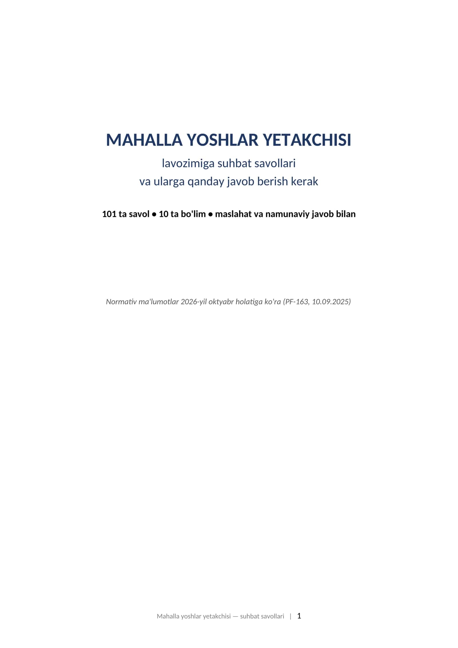 Mahalla yoshlar yetakchisi suhbati savollariga javoblar 2026y - 101 ta savol 1