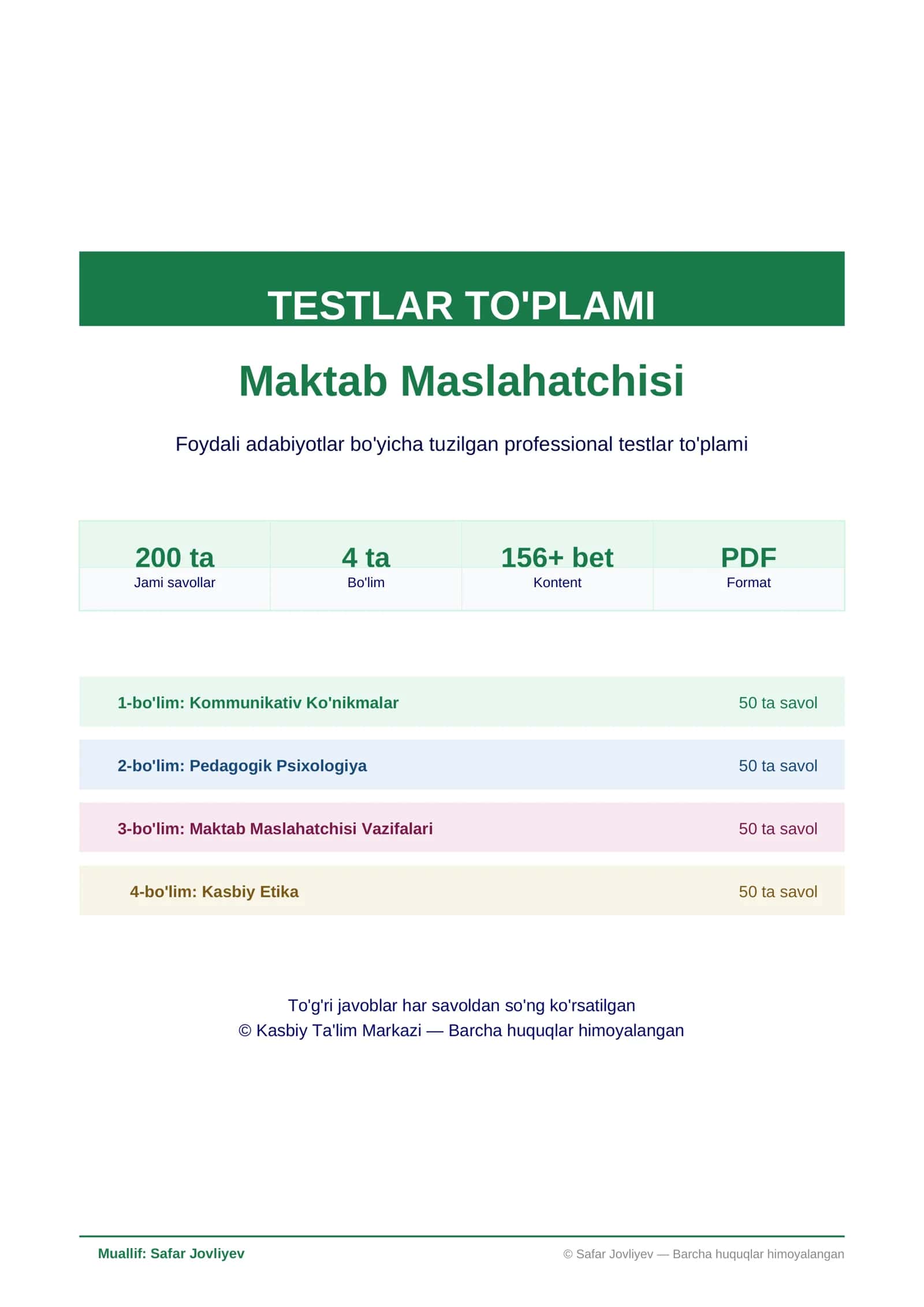 Testlar To'plami - Maktab Maslahatchisi"Yangi to'plam 2026 Mart 1