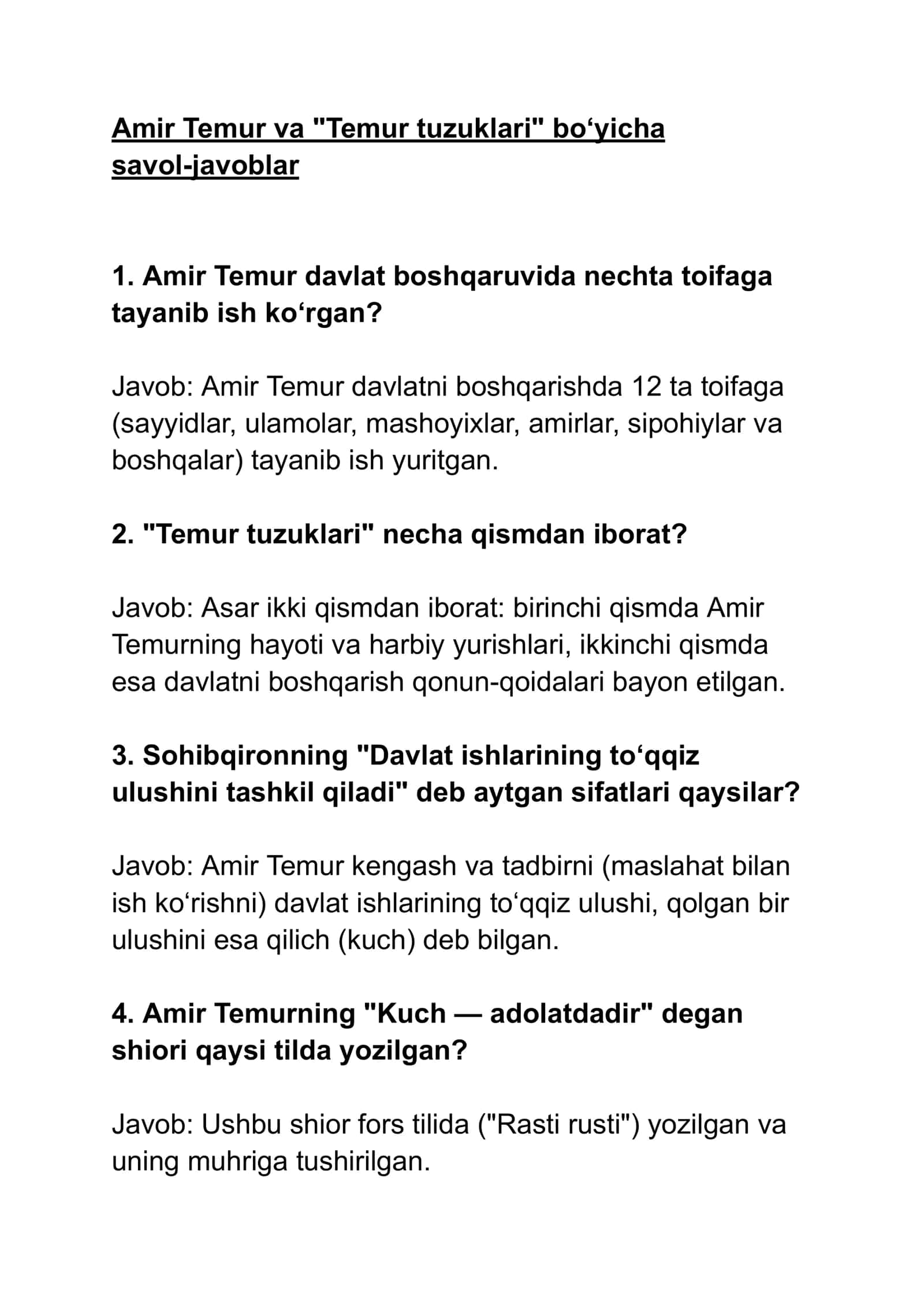 Temur tuzuklari (Amir Temur va "Temur tuzuklari" bo‘yicha savol-javoblar) 1