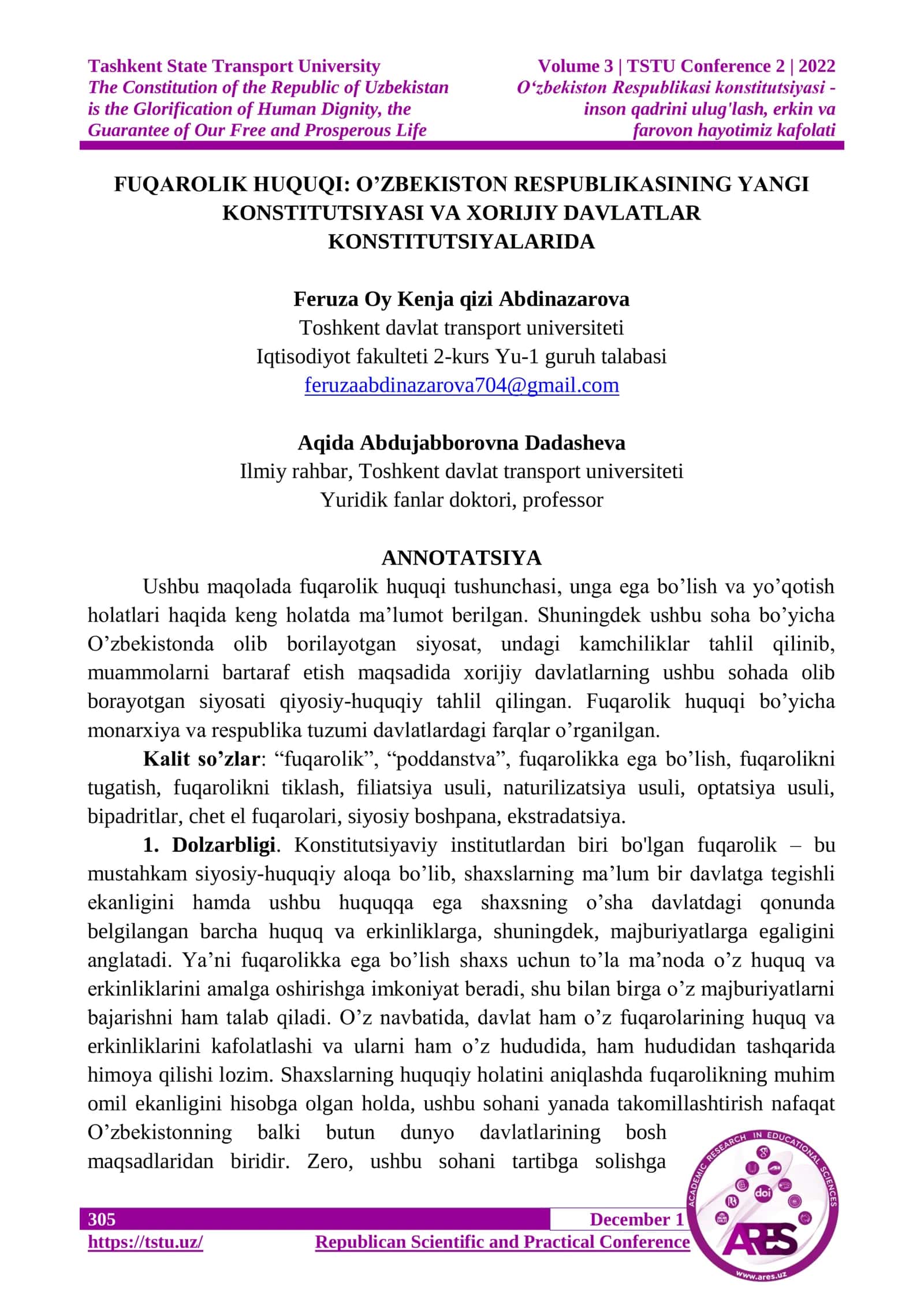 FUQAROLIK HUQUQI: O’ZBEKISTON RESPUBLIKASINING YANGI KONSTITUTSIYASI VA XORIJIY DAVLATLAR KONSTITUTSIYALARIDA 1