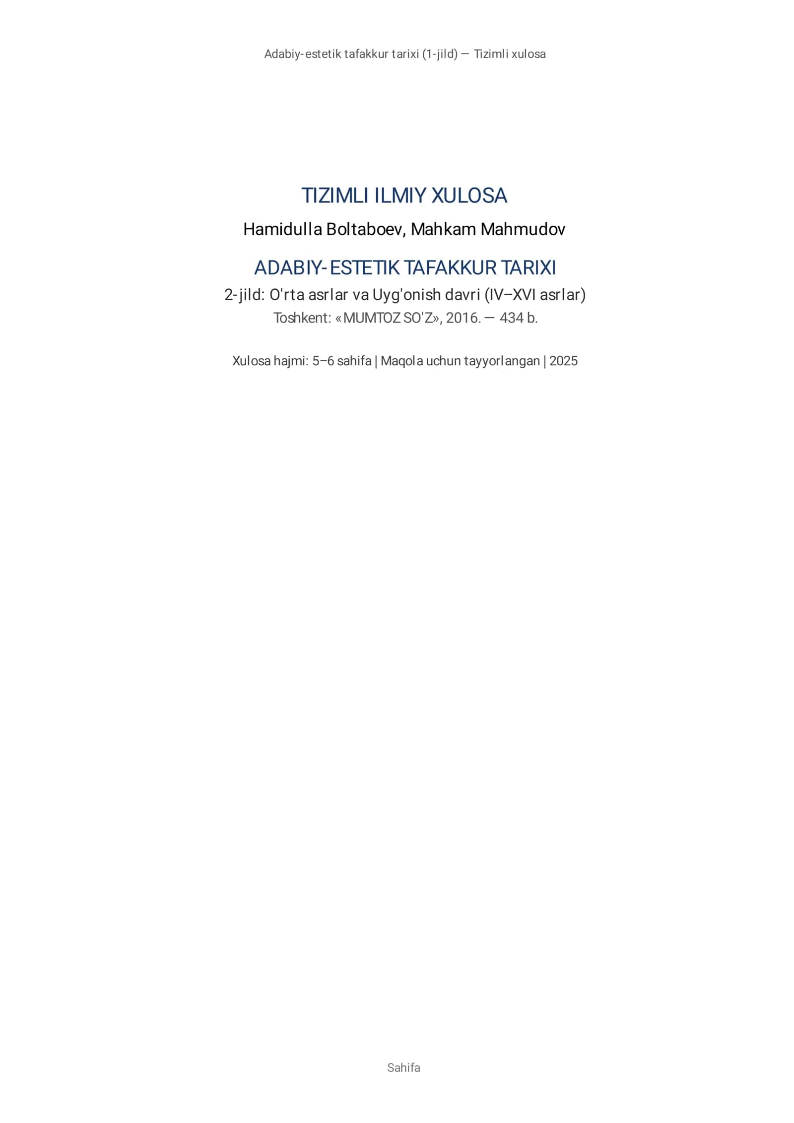 H.Boltaboyev M.Mahmudov "Adabiy-estetik tafakkur tarixi" kitobi tahlili 1