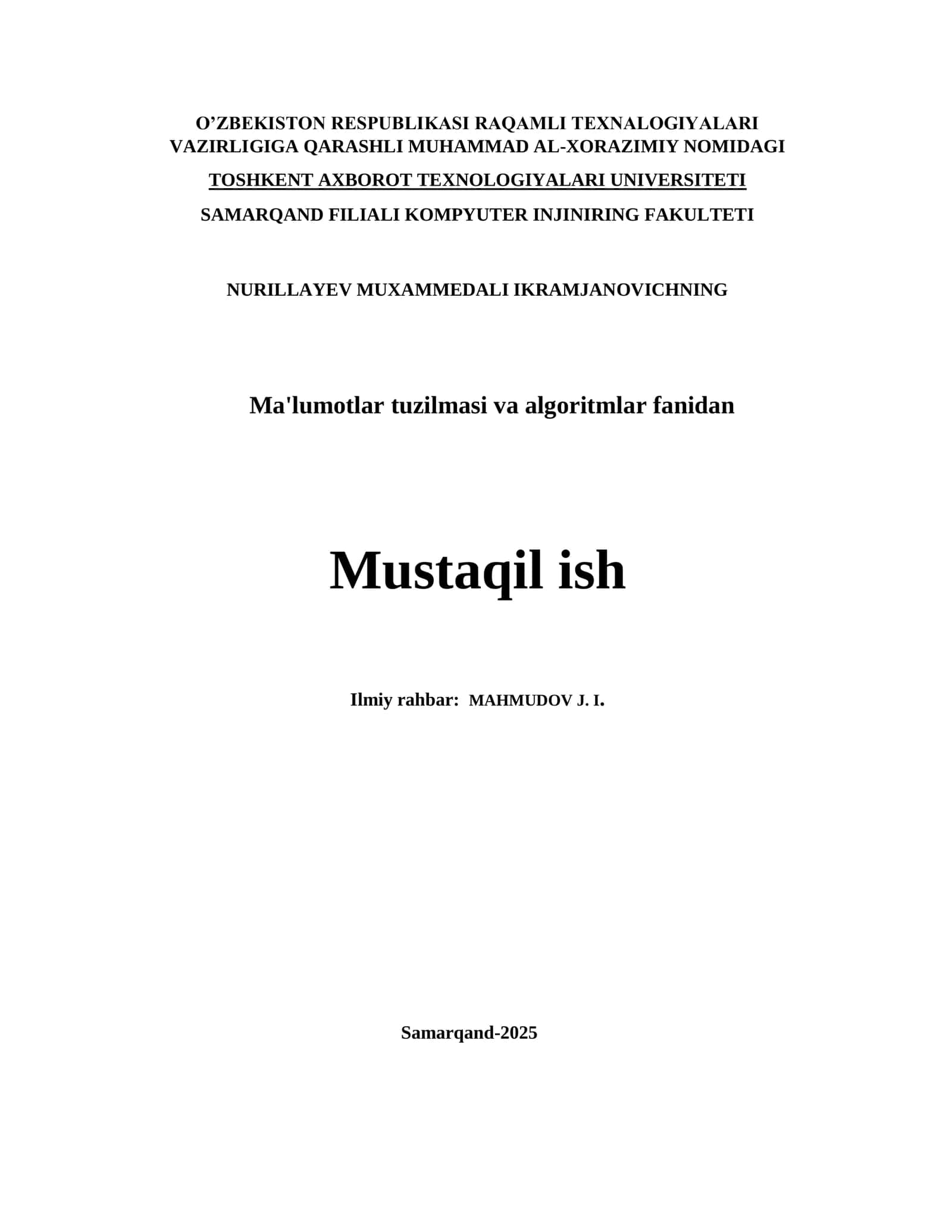 Ma'lumotlar tuzilmasi va algoritmlar fanidan Mustaqil ish 1