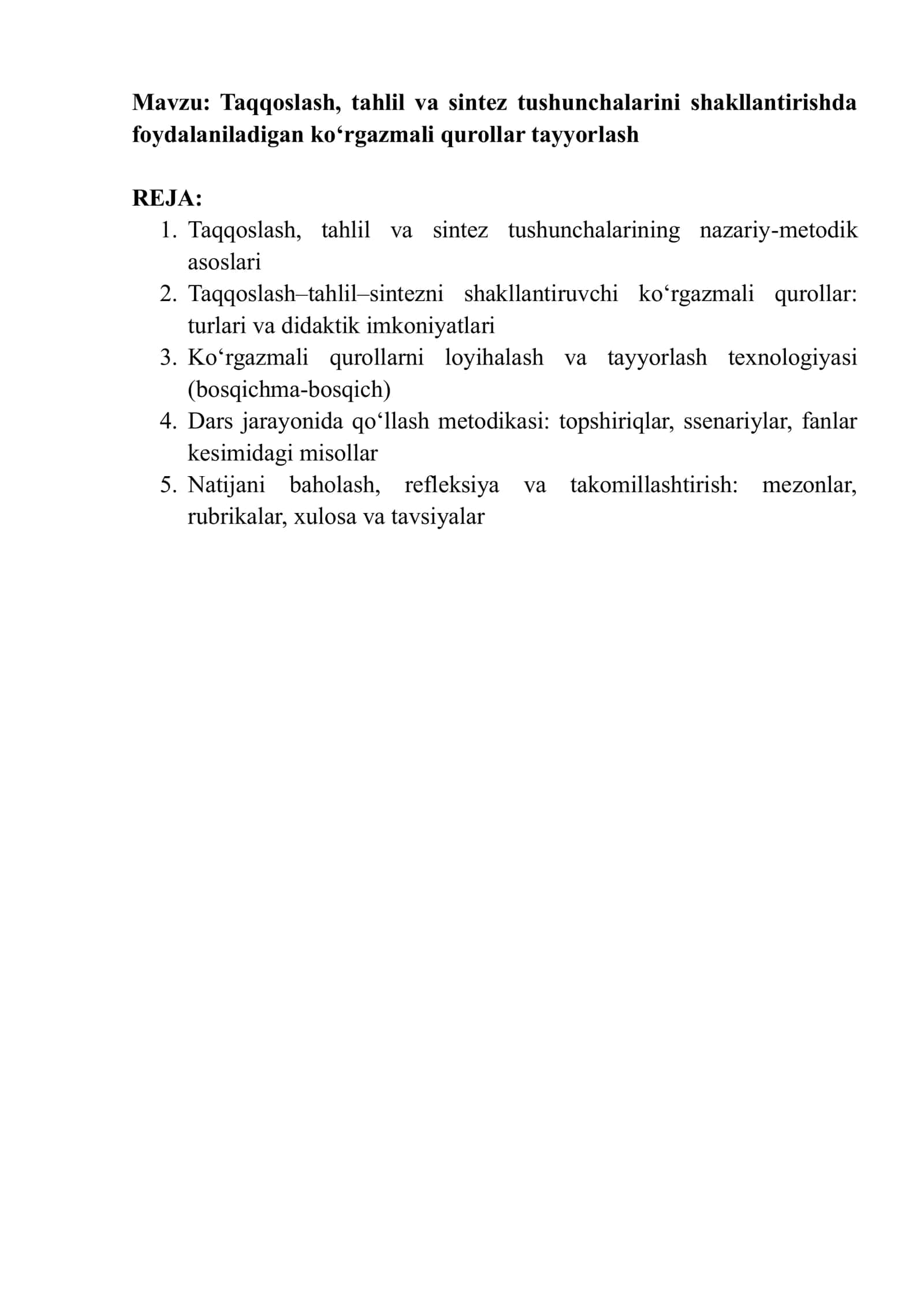 Taqqoslash, tahlil va sintez tushunchalarini shakllantirishda foydalaniladigan ko‘rgazmali qurollar tayyorlash 1