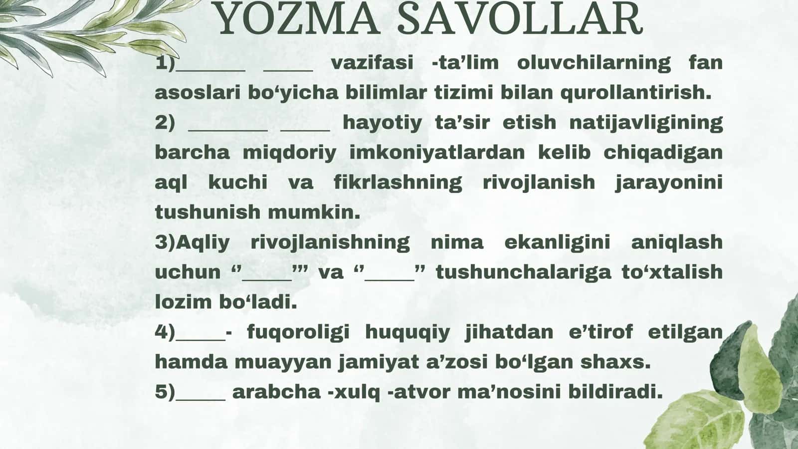YOZMA SAVOLLAR 1