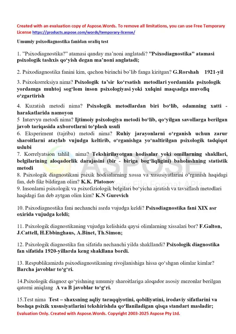 Umumiy psixodiagnostika fanidan oraliq test 1