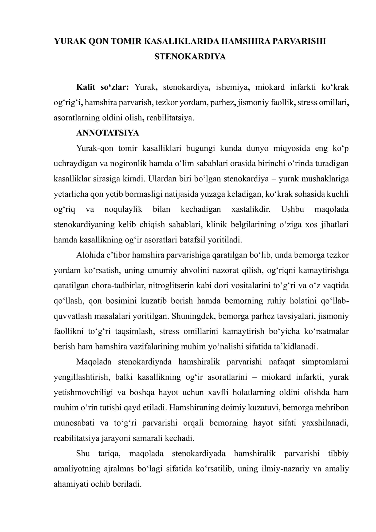 YURAK QON TOMIR KASALIKLARIDA HAMSHIRA PARVARISHI 1
