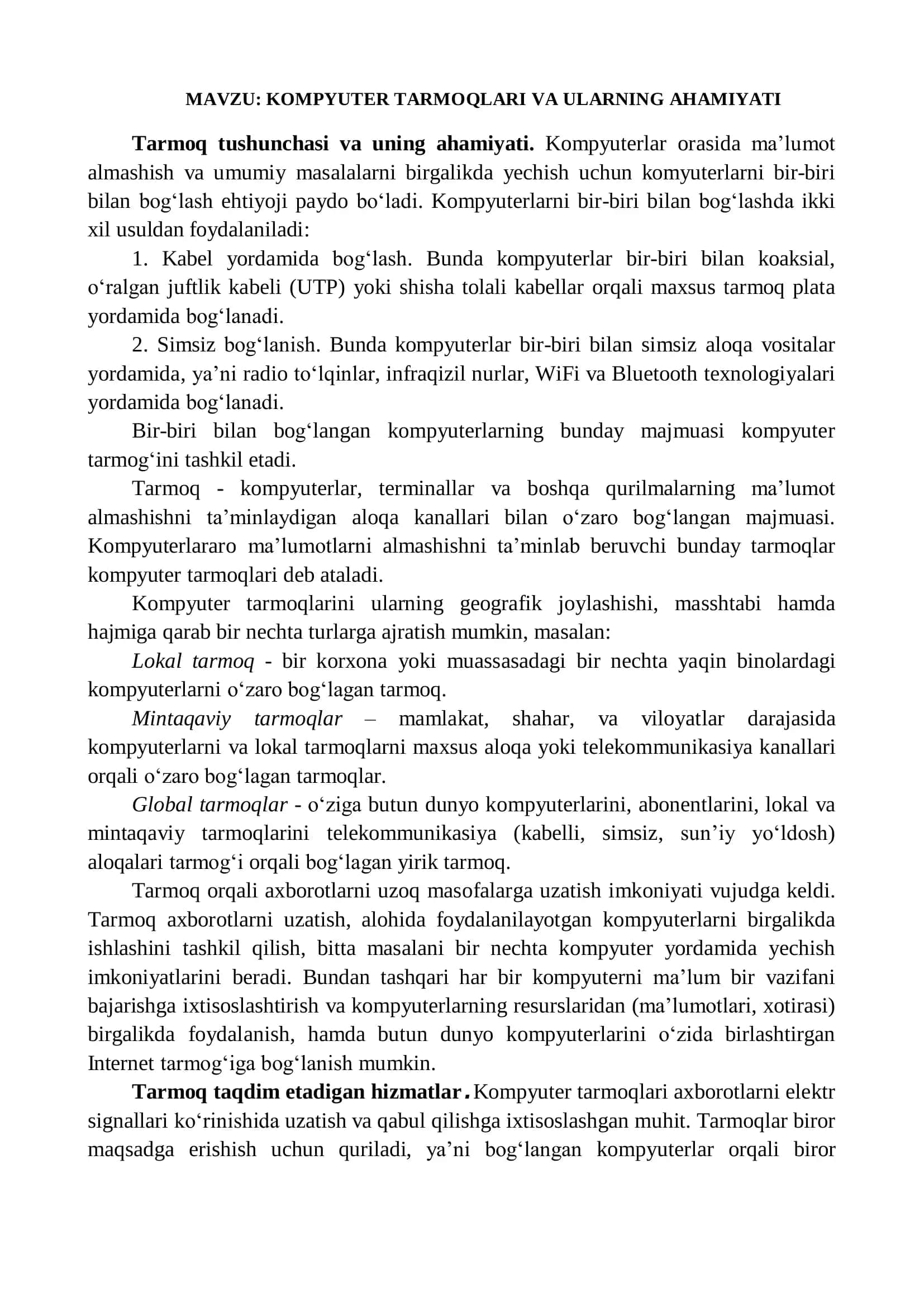 KOMPYUTER TARMOQLARI VA ULARNING AHAMIYATI 1