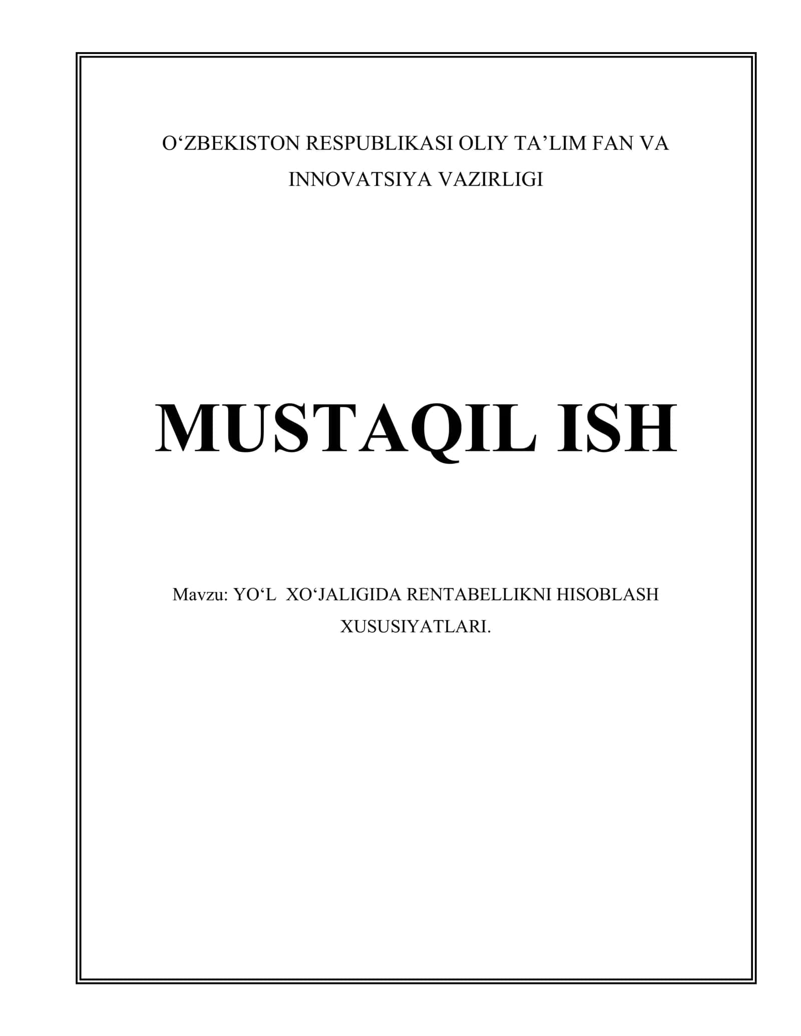 YO‘L XO‘JALIGIDA RENTABELLIKNI HISOBLASH XUSUSIYATLARI 1