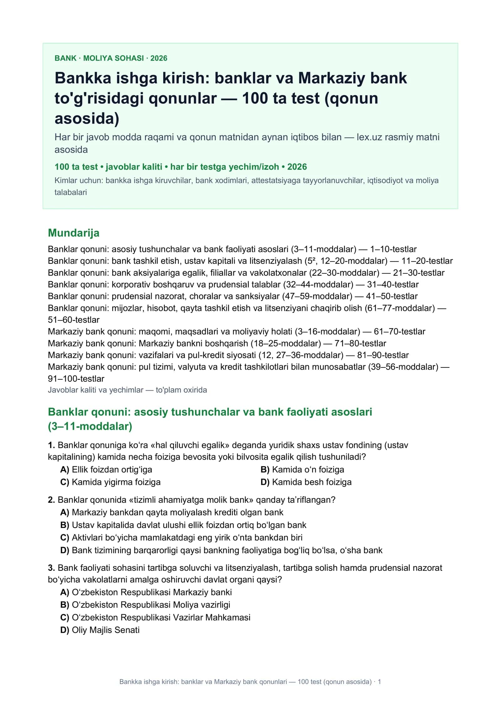 Banklar va Markaziy bank to'g'risidagi qonunlar — 100 ta test 1