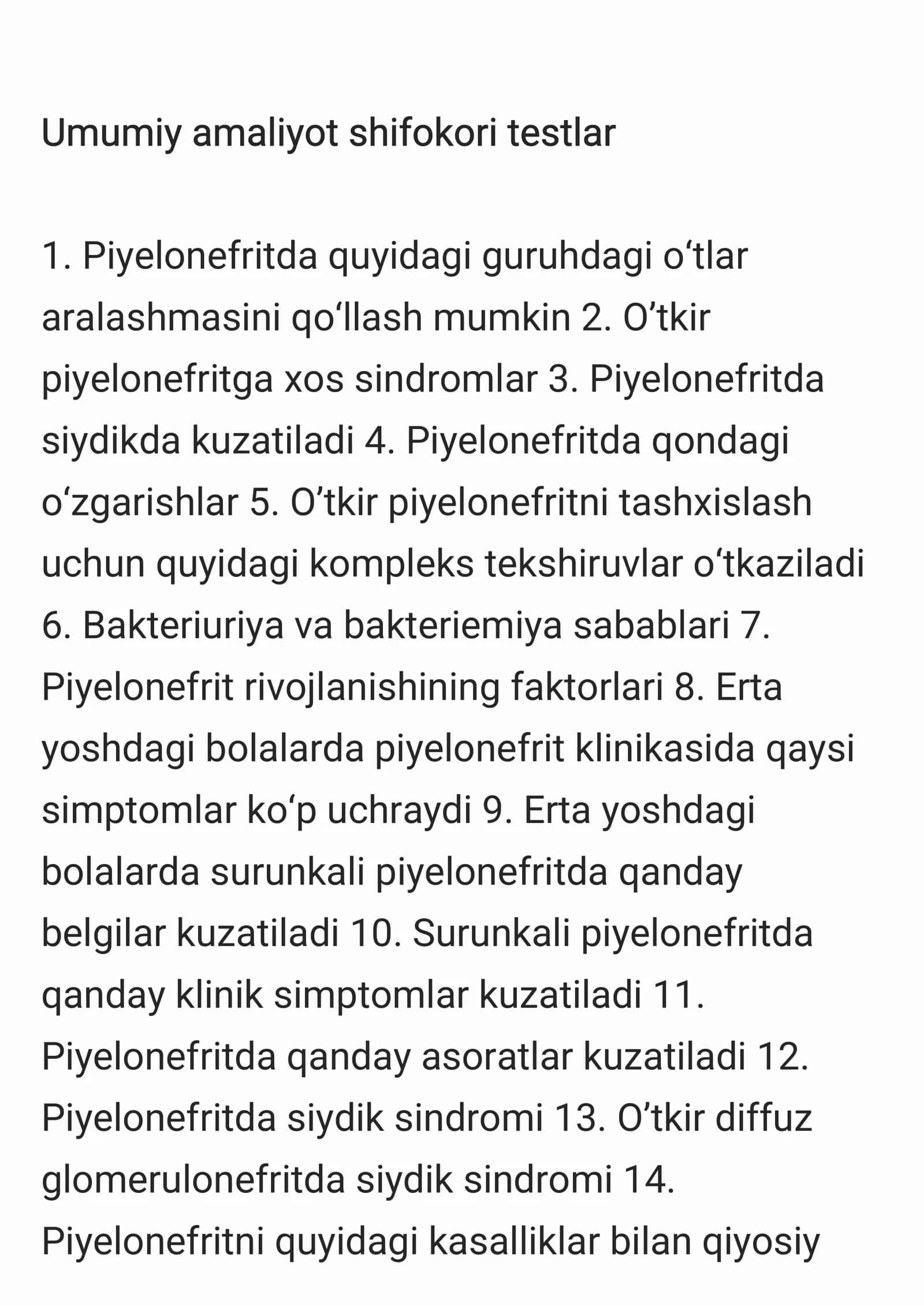 Umumiy amaliyot shifokori testlar 1