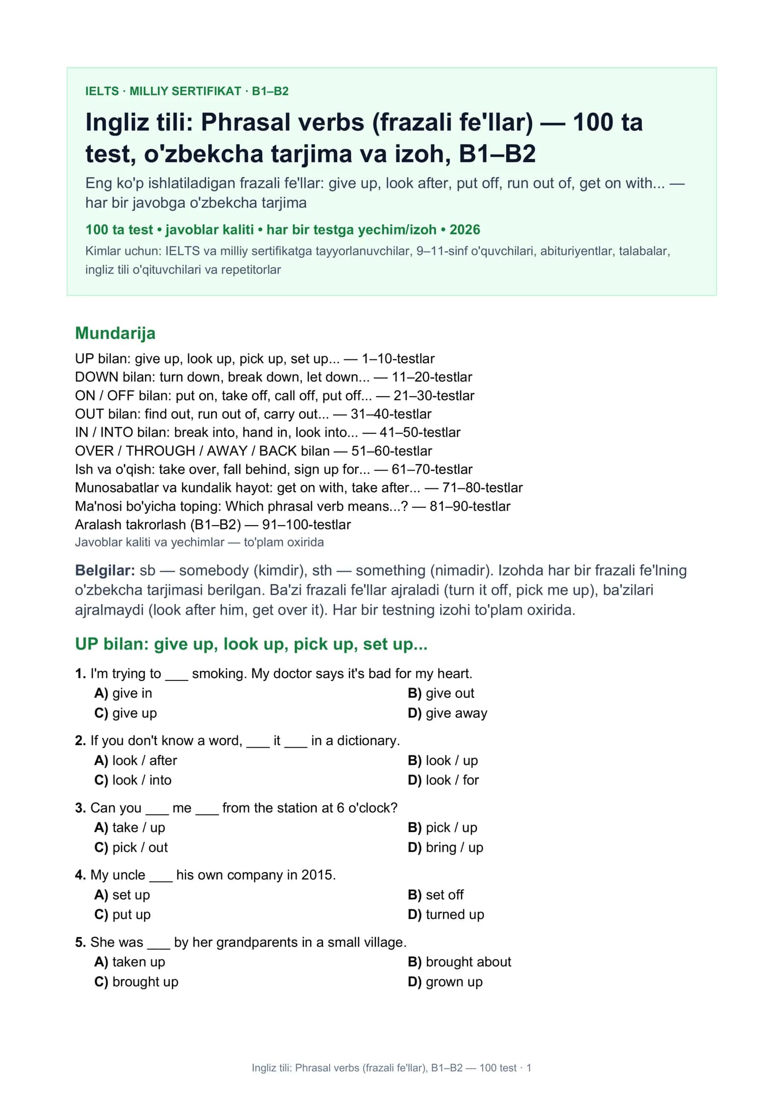 Ingliz tili: Phrasal verbs (frazali fe'llar) 1