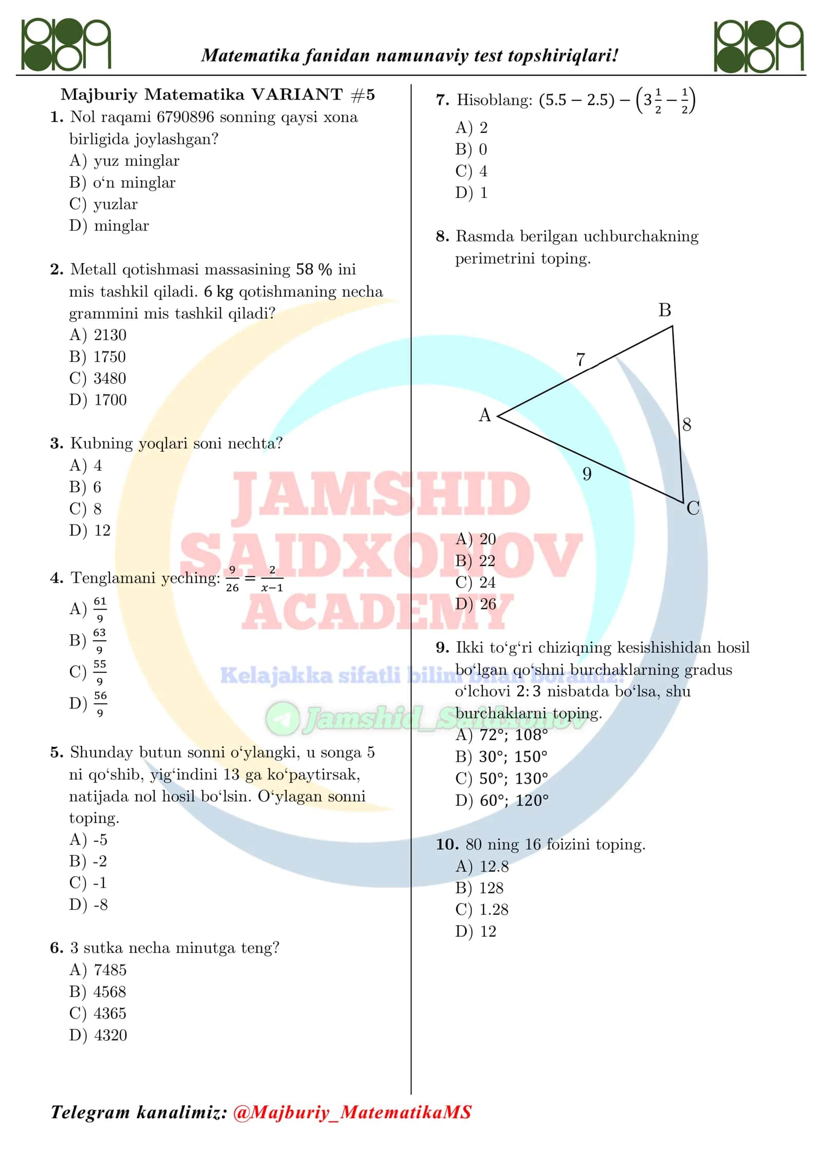 Majburiy Matematika VARIANT #5 1