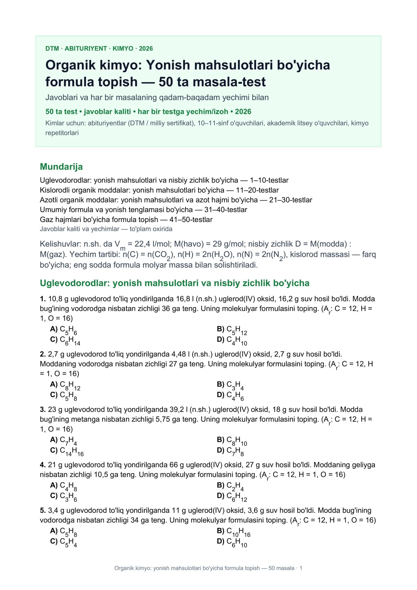 Organik kimyo: yonish mahsulotlari bo'yicha formula topish 1