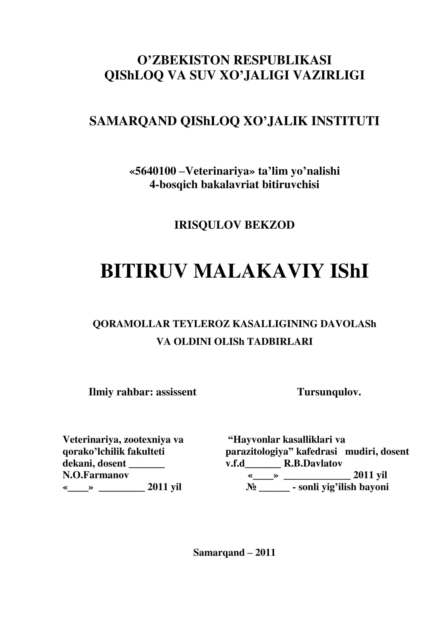 QORAMOLLAR TEYLEROZ KASALLIGINING DAVOLASh VA OLDINI OLISh TADBIRLARI 1