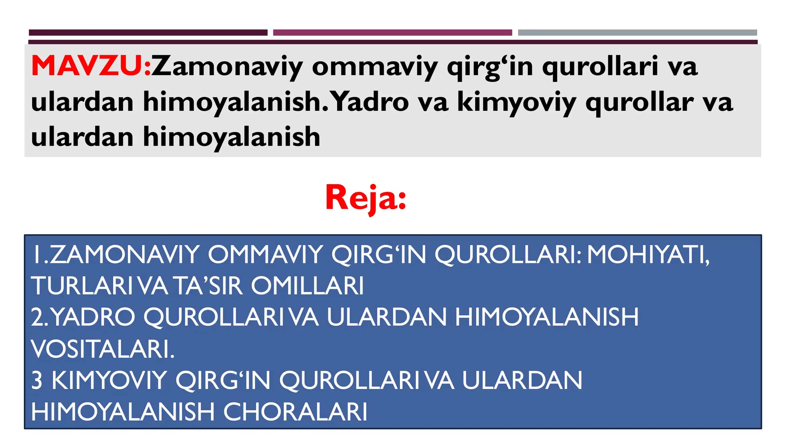 ZAMONAVIY OMMAVIY QIRG‘IN QUROLLARI VA ULARDAN HIMOYALANISH. YADRO VA KIMYOVIY QUROLLAR VA ULARDAN HIMOYALANISH 1