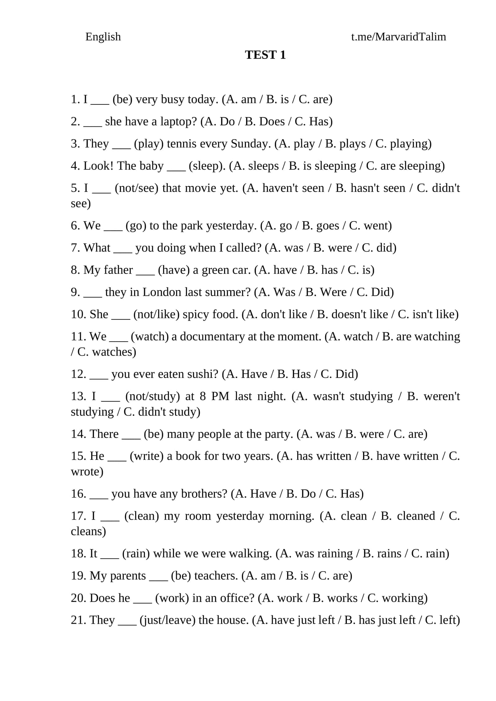 Ingliz tilidan testlar. TEST beginner, elementary Kalitli test 1