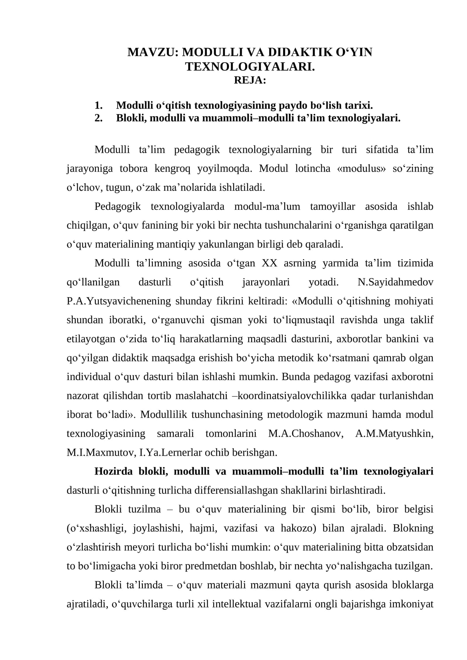 MODULLI VA DIDAKTIK O‘YIN TEXNOLOGIYALARI 1