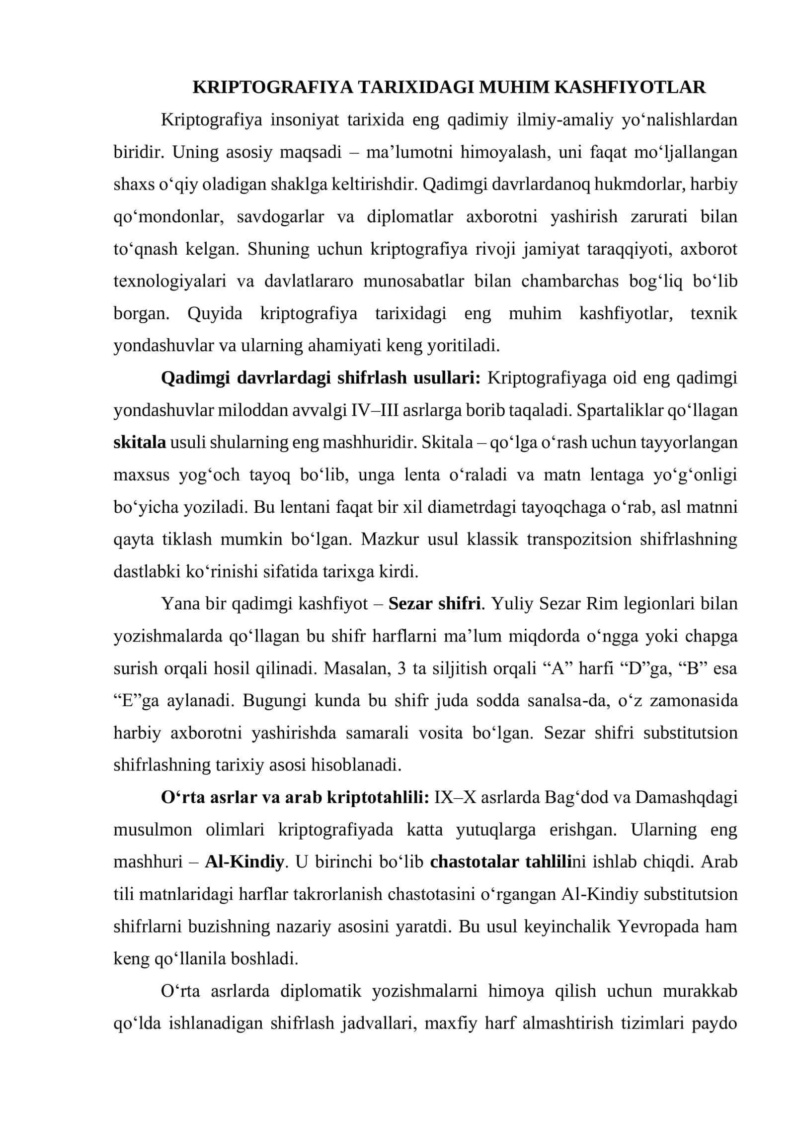 KRIPTOGRAFIYA TARIXIDAGI MUHIM KASHFIYOTLAR 1