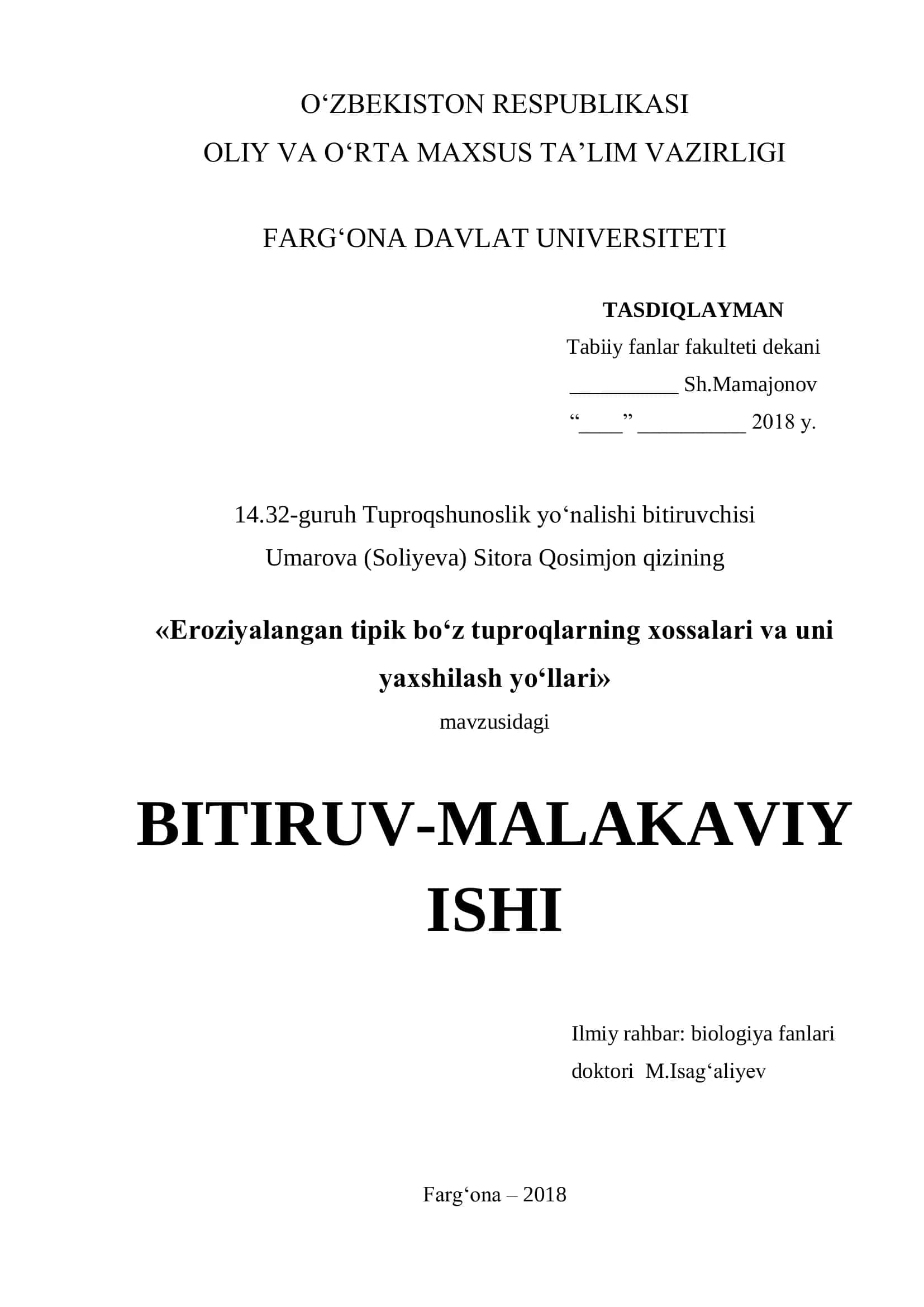 "Eroziyalangan tipik bo'z tuproqlarning xossalari va uni yaxshilash yo'llari" 1