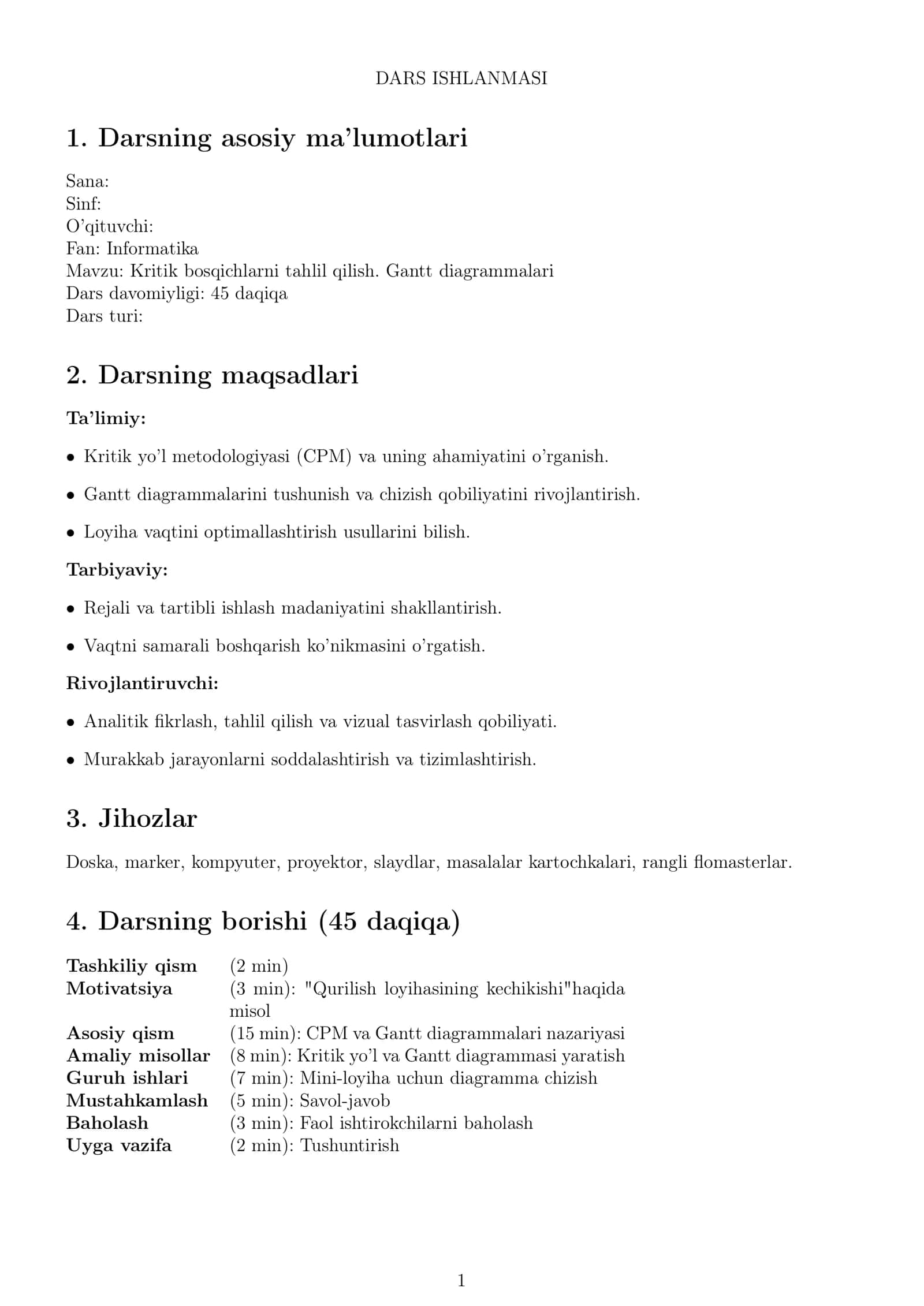 Kritik bosqichlarni tahlil qilish. Gantt diagrammalari 1