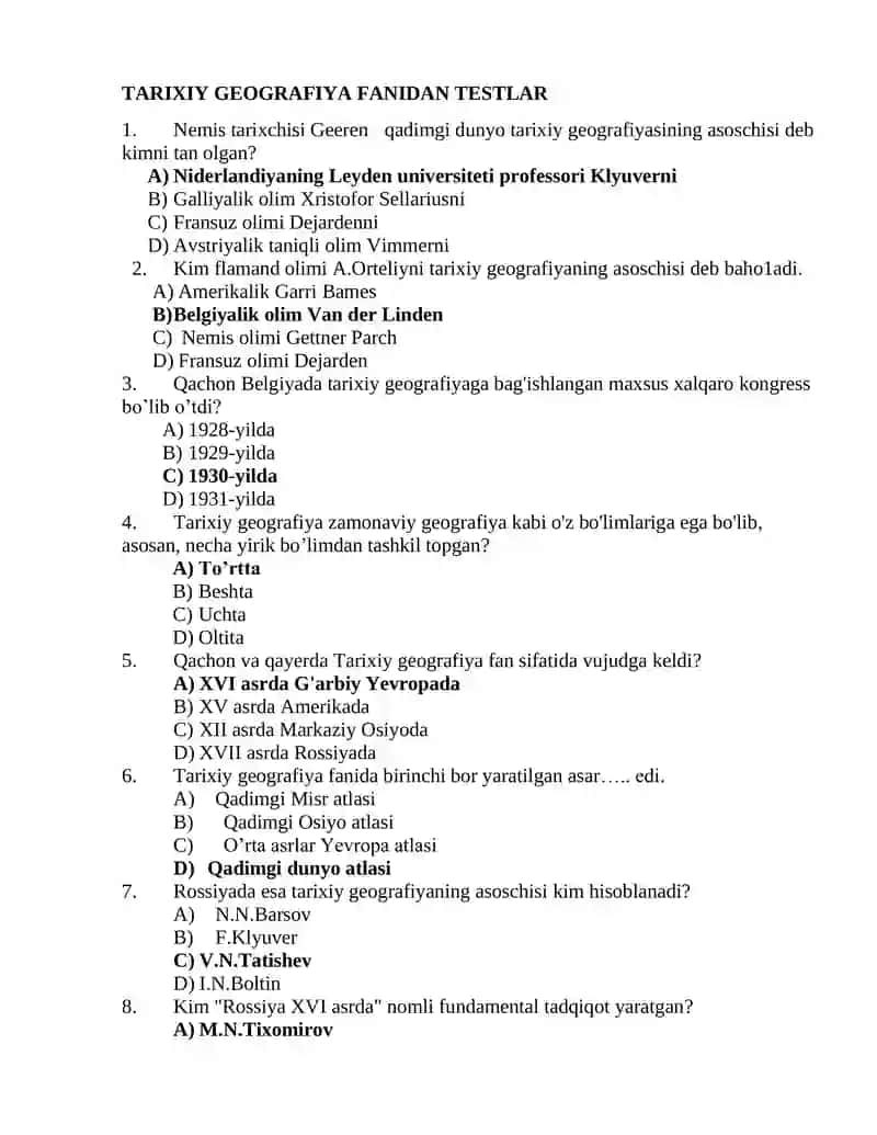 Tarixiy geografiya-testlar 1