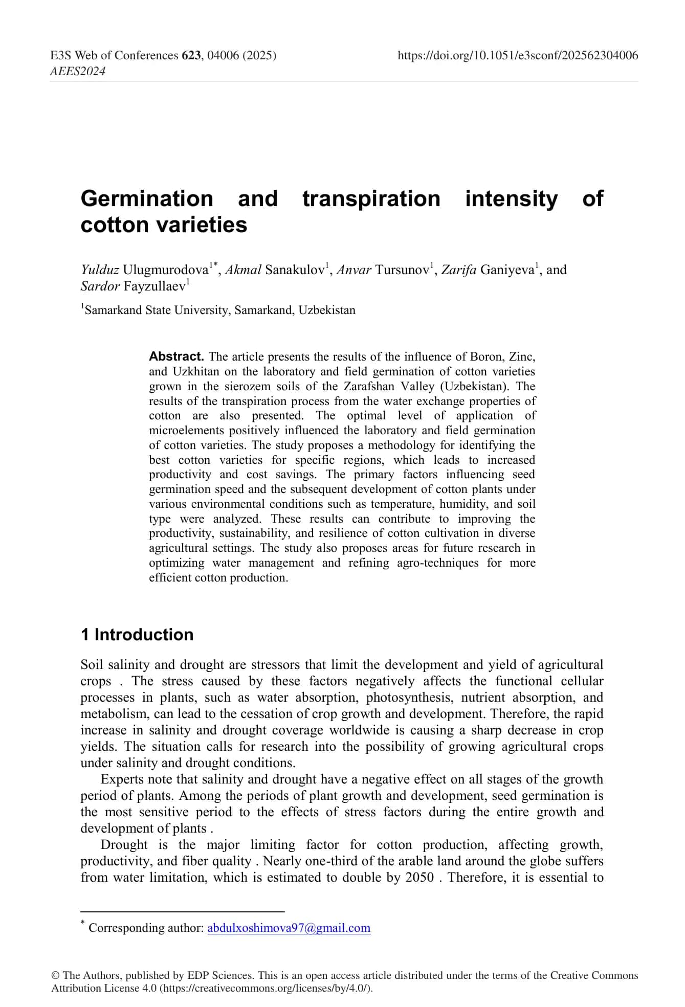 Germination and Transpiration Intensity of Cotton Varieties 1
