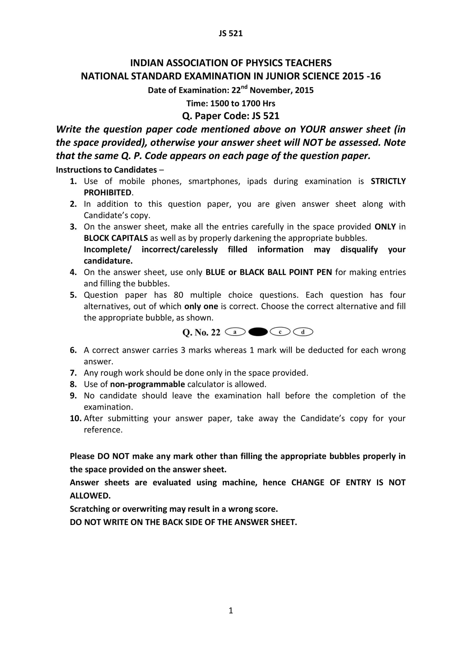 NATIONAL STANDARD EXAMINATION IN JUNIOR SCIENCE 2015 -16 1