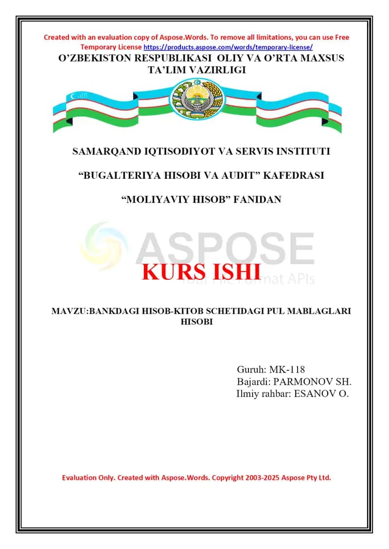 Kurs ishi "Bankdagi hisob-kitob schyetidagi pul mablag‘lari hisobi" 1
