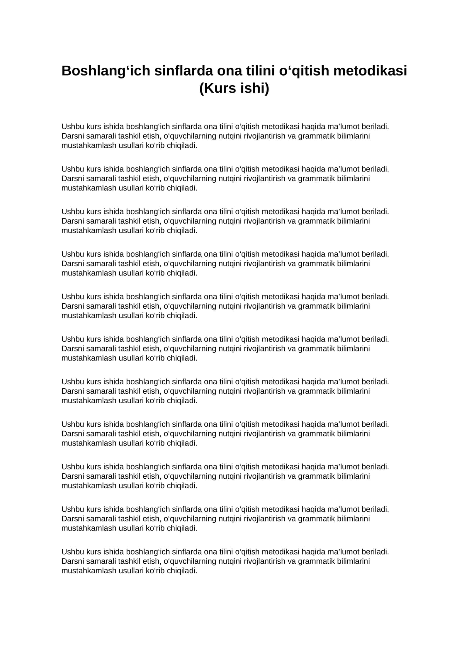 Boshlangʻich sinflarda ona tilini oʻqitish metodikasi (kurs ishi PDF) 1