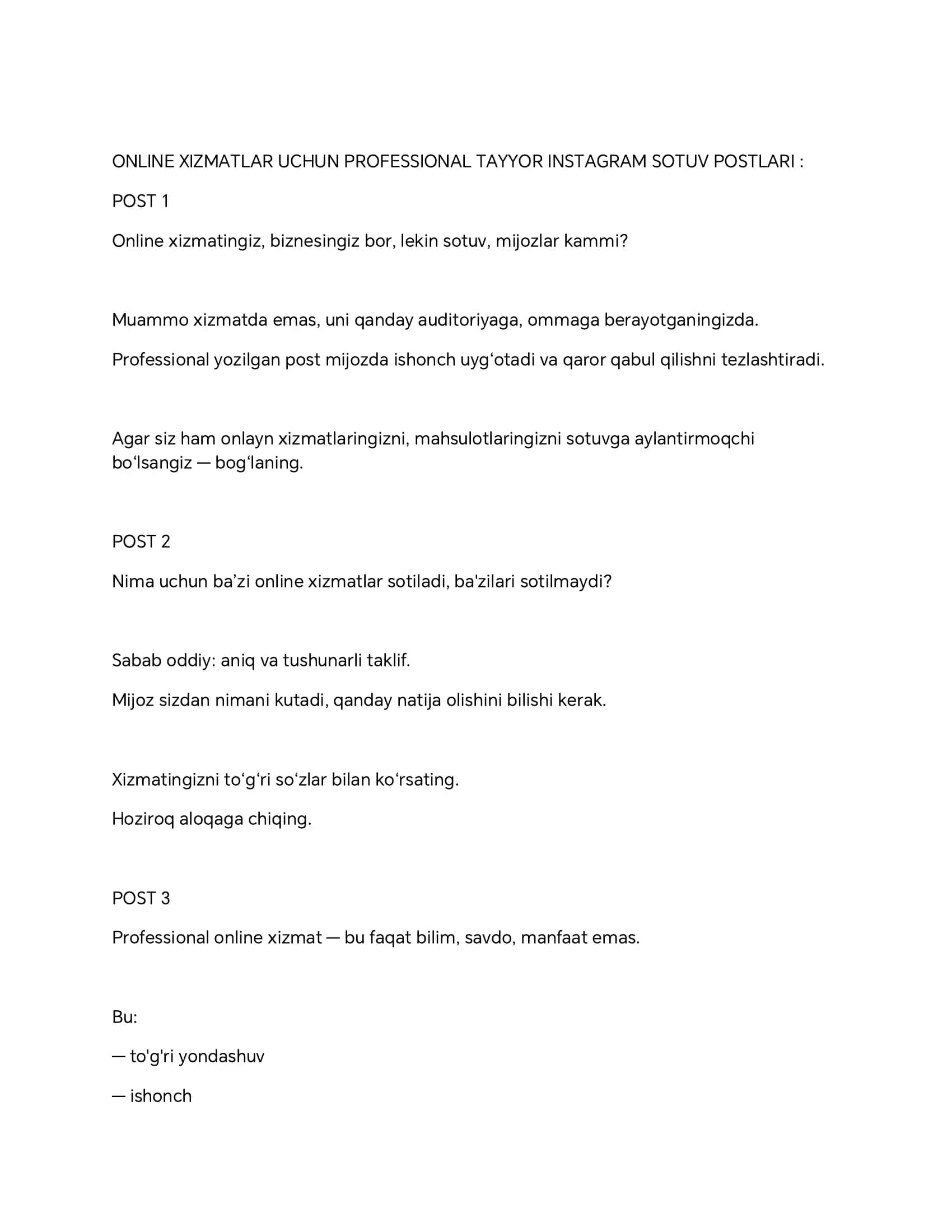 Instagram uchun 20 ta tayyor sotuv postlari ( online xizmatlar) o'zbekcha 1