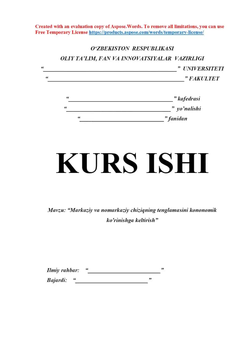 Markaziy va nomarkaziy chiziqning tenglamasini kononomik ko'rinishga keltirish 1