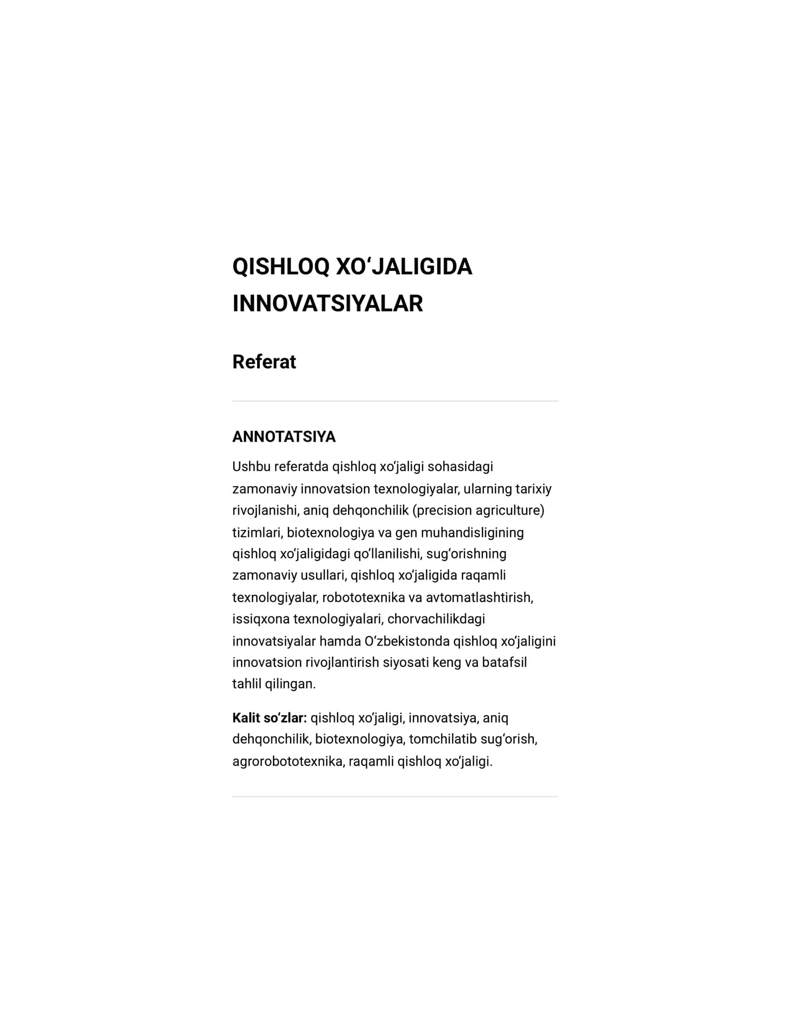 Referat qishloq xoʻjaligi innovatsiyaleri 1