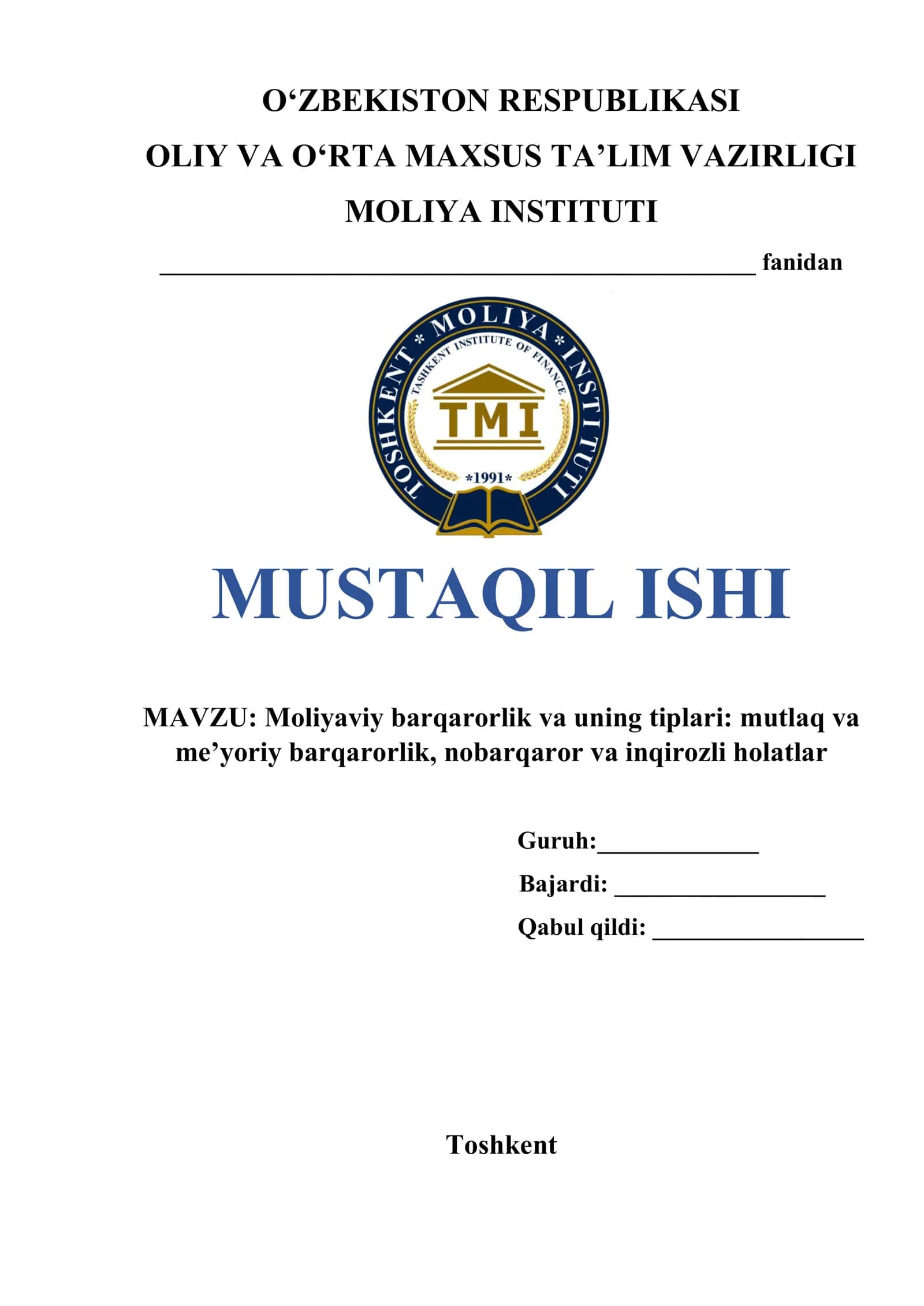 Moliyaviy barqarorlik va uning tiplari: mutlaq va me’yoriy barqarorlik, nobarqaror va inqirozli holatlar 1