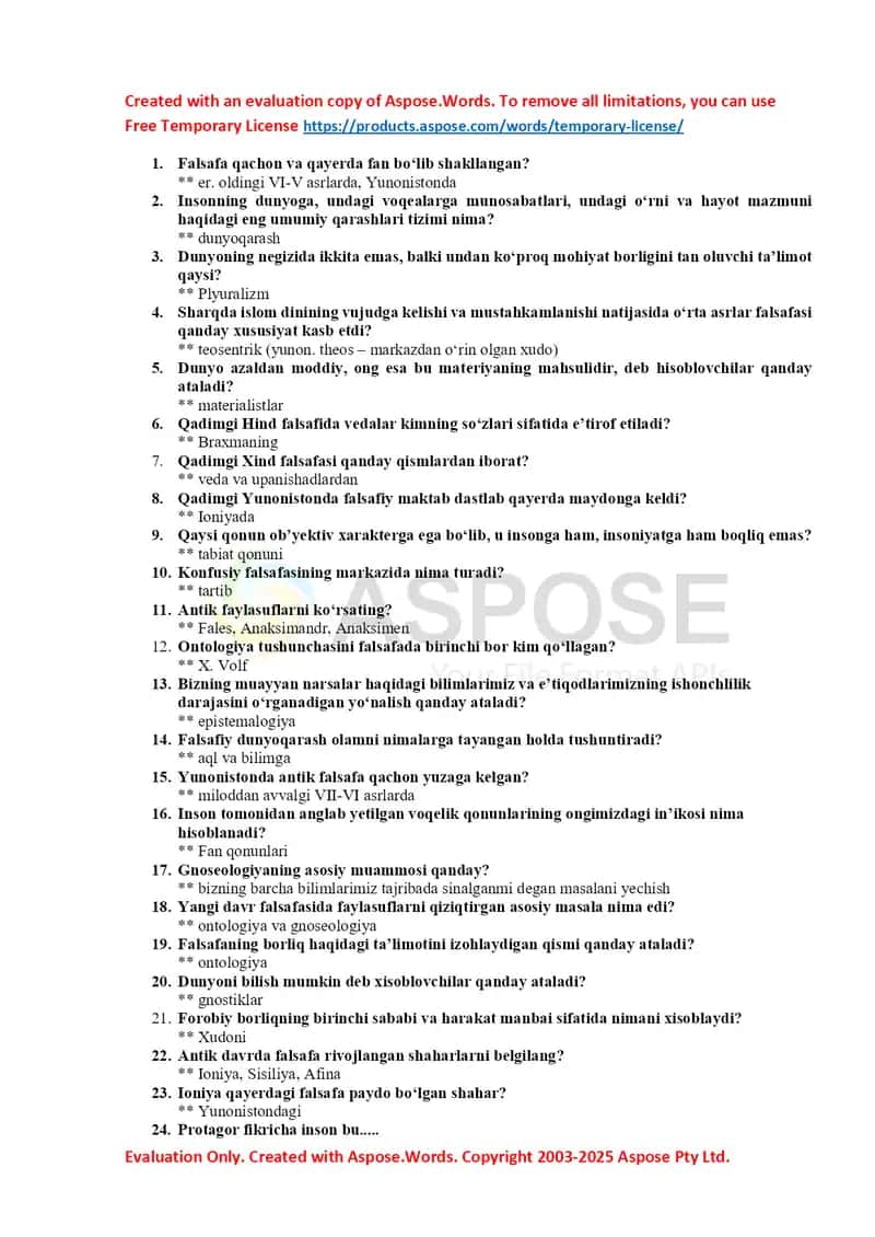 Falsafa savollari va javoblari taqdimoti 1