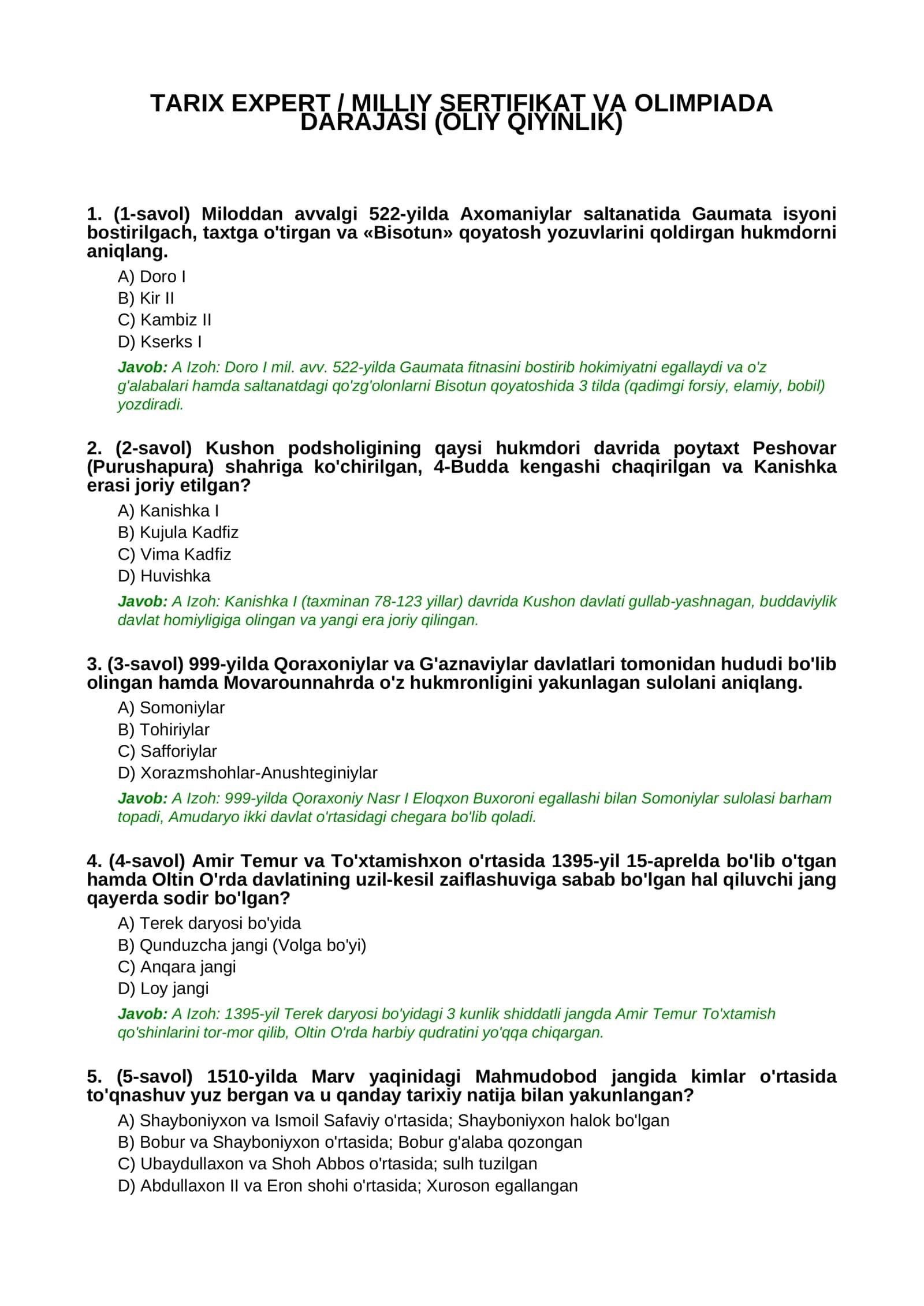 TARIX EXPERT / MILLIY SERTIFIKAT VA OLIMPIADA DARAJASI (OLIY QIYINLIK) 1