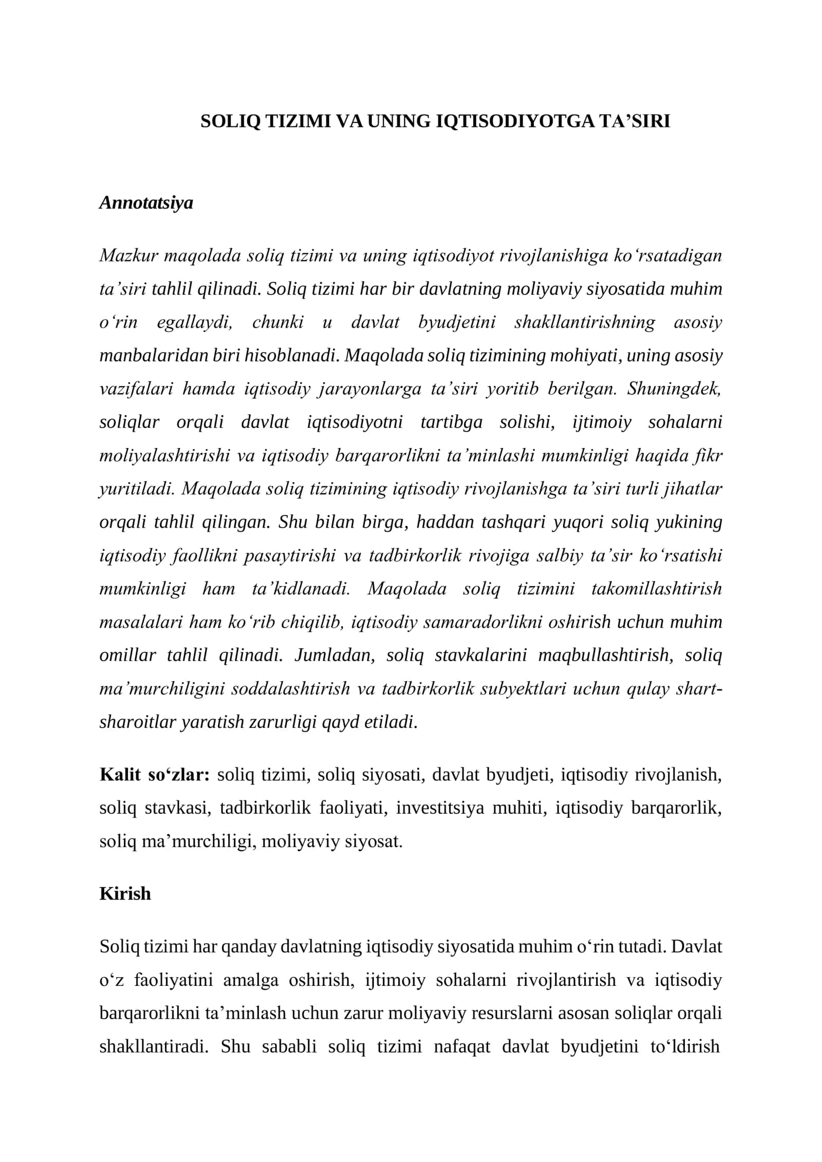 SOLIQ TIZIMI VA UNING IQTISODIYOTGA TA’SIRI 1