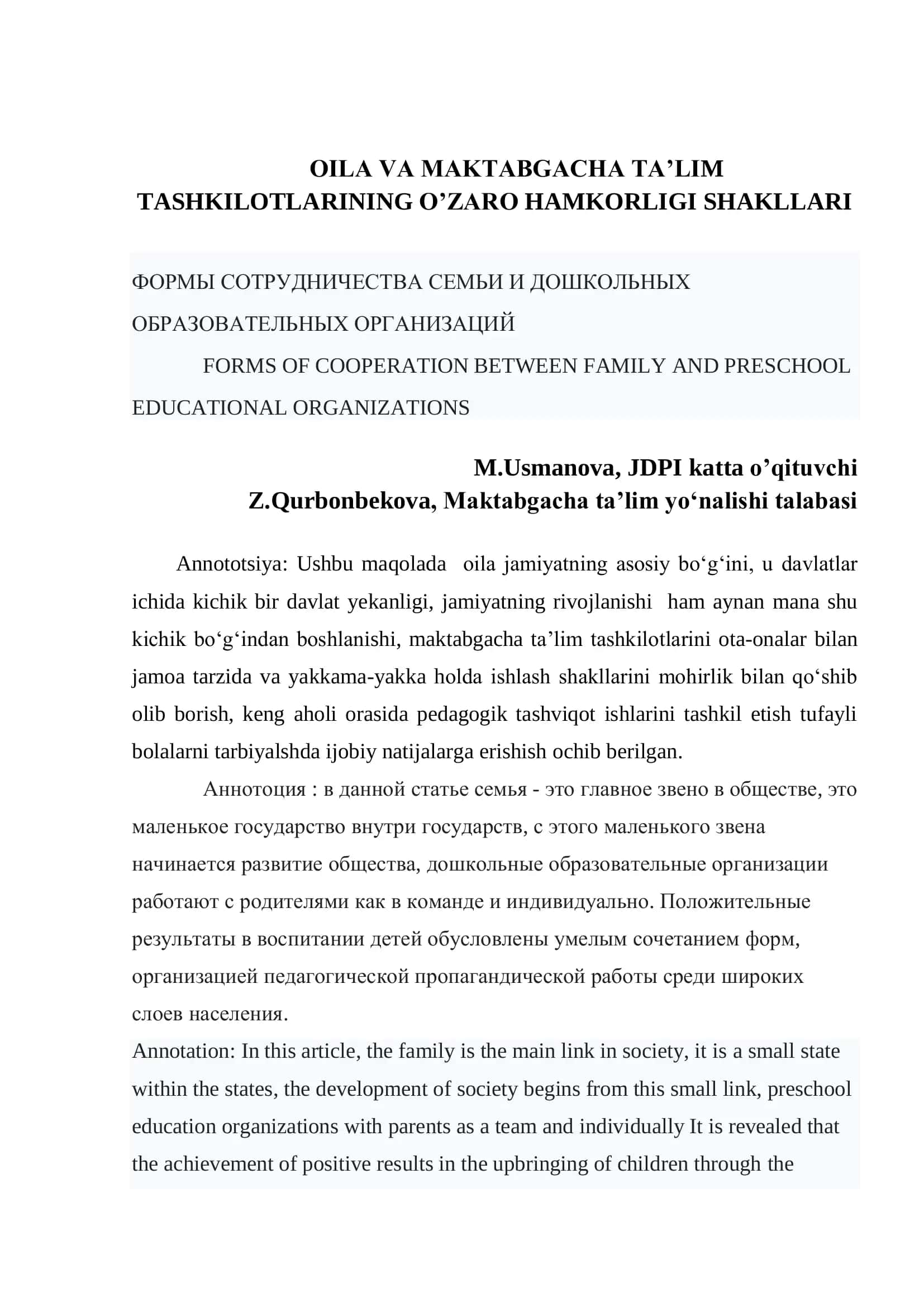 OILA VA MAKTABGACHA TA’LIM TASHKILOTLARINING O’ZARO HAMKORLIGI SHAKLLARI 1