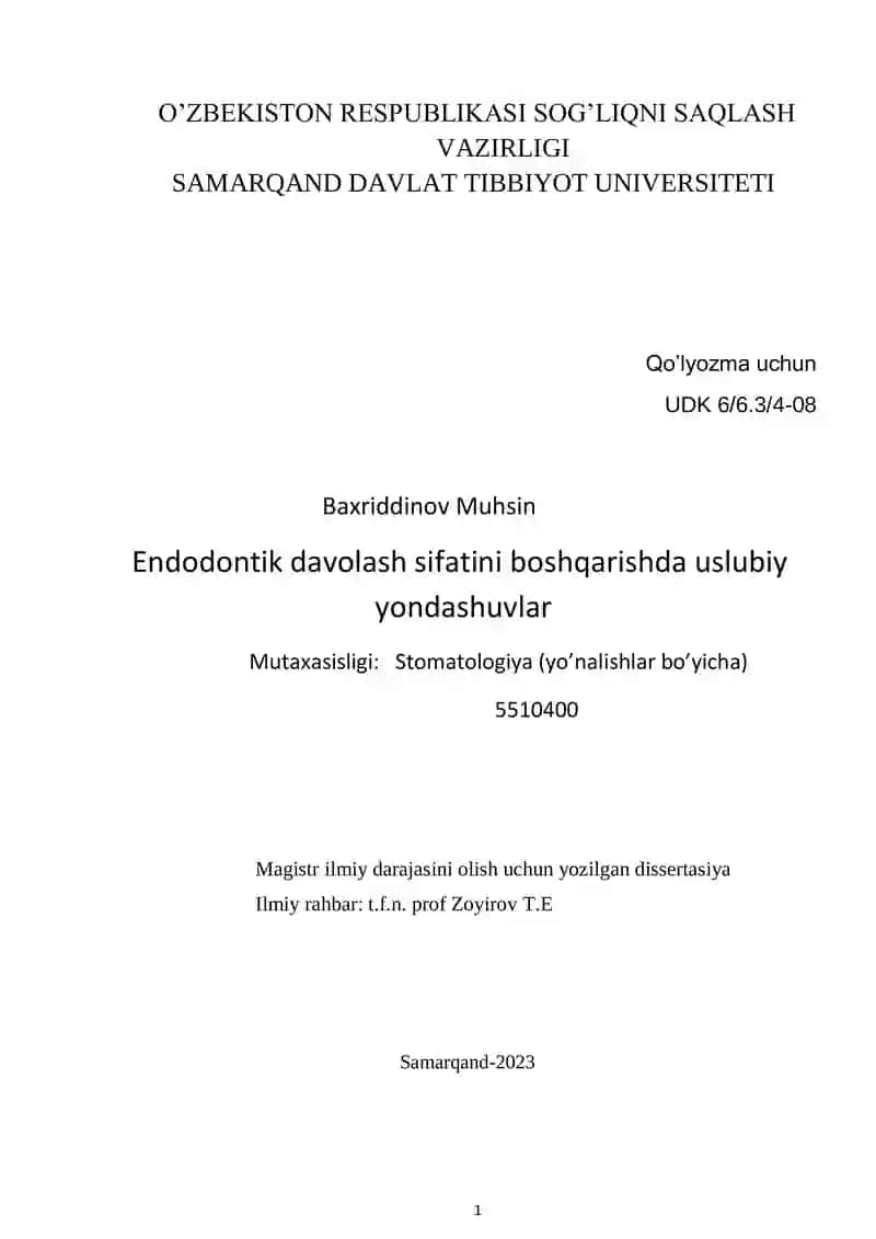 Endodontik davolash sifatini boshqarishda uslubiy yondashuvlar 1