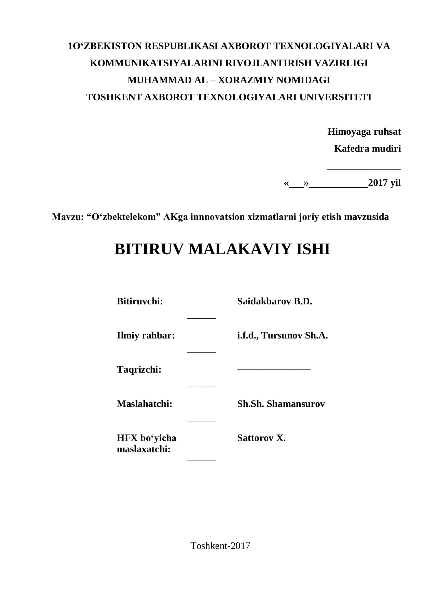 O‘zbektelekom” AKga innnovatsion xizmatlarni joriy etish mavzusida BITIRUV MALAKAVIY ISHI 1