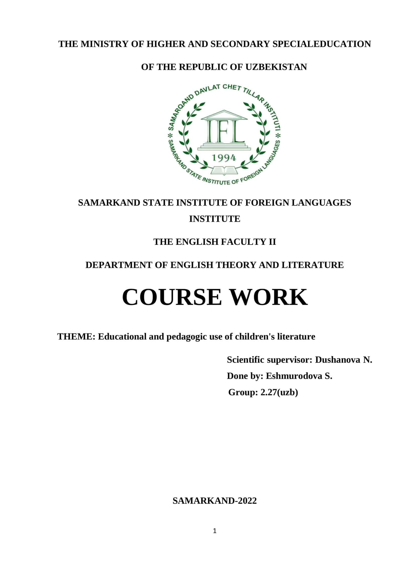 Educational and pedagogic use of children's literature 1
