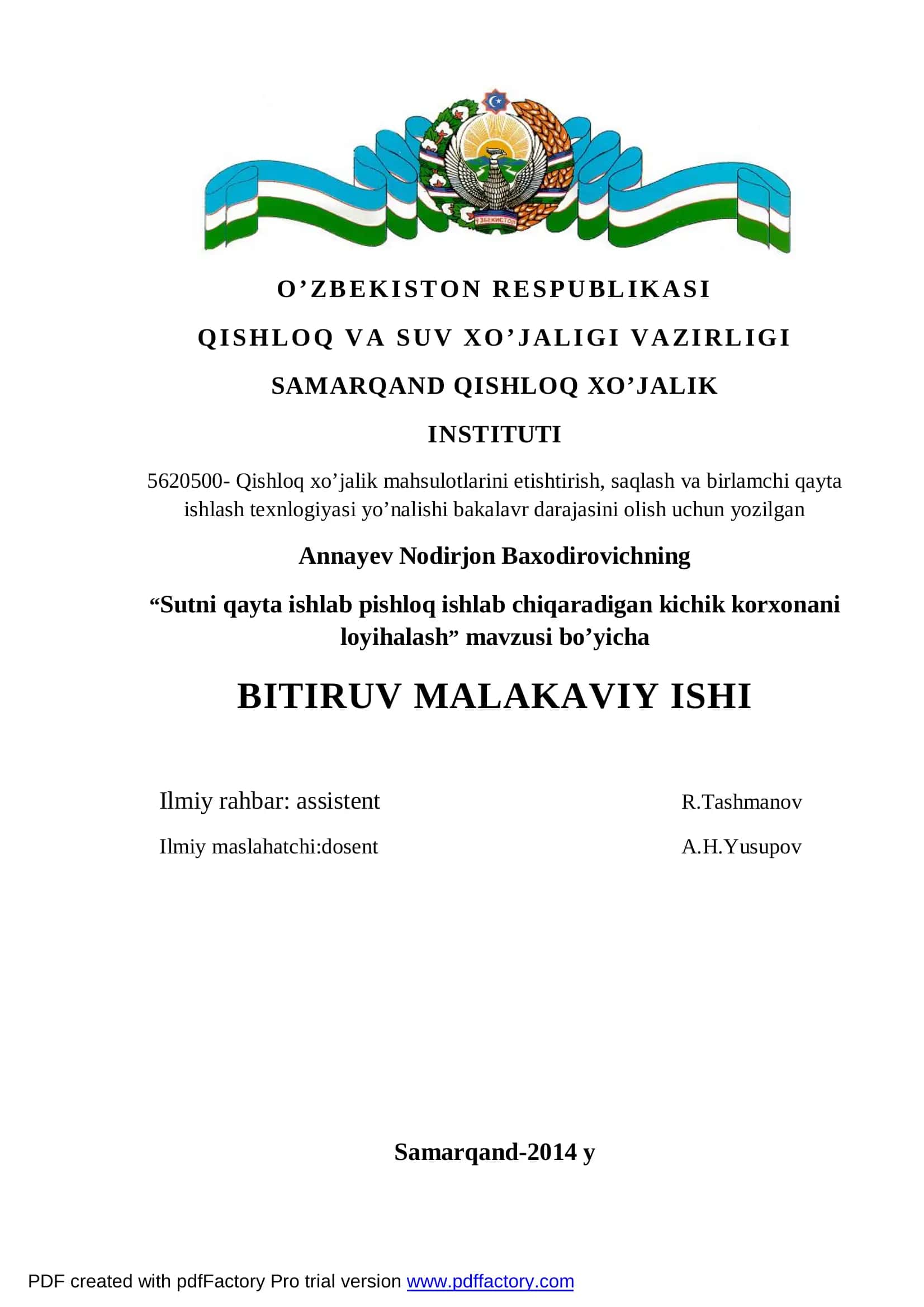 Sutni qayta ishlab pishloq ishlab chiqaradigan kichik korxonani loyihalash 1