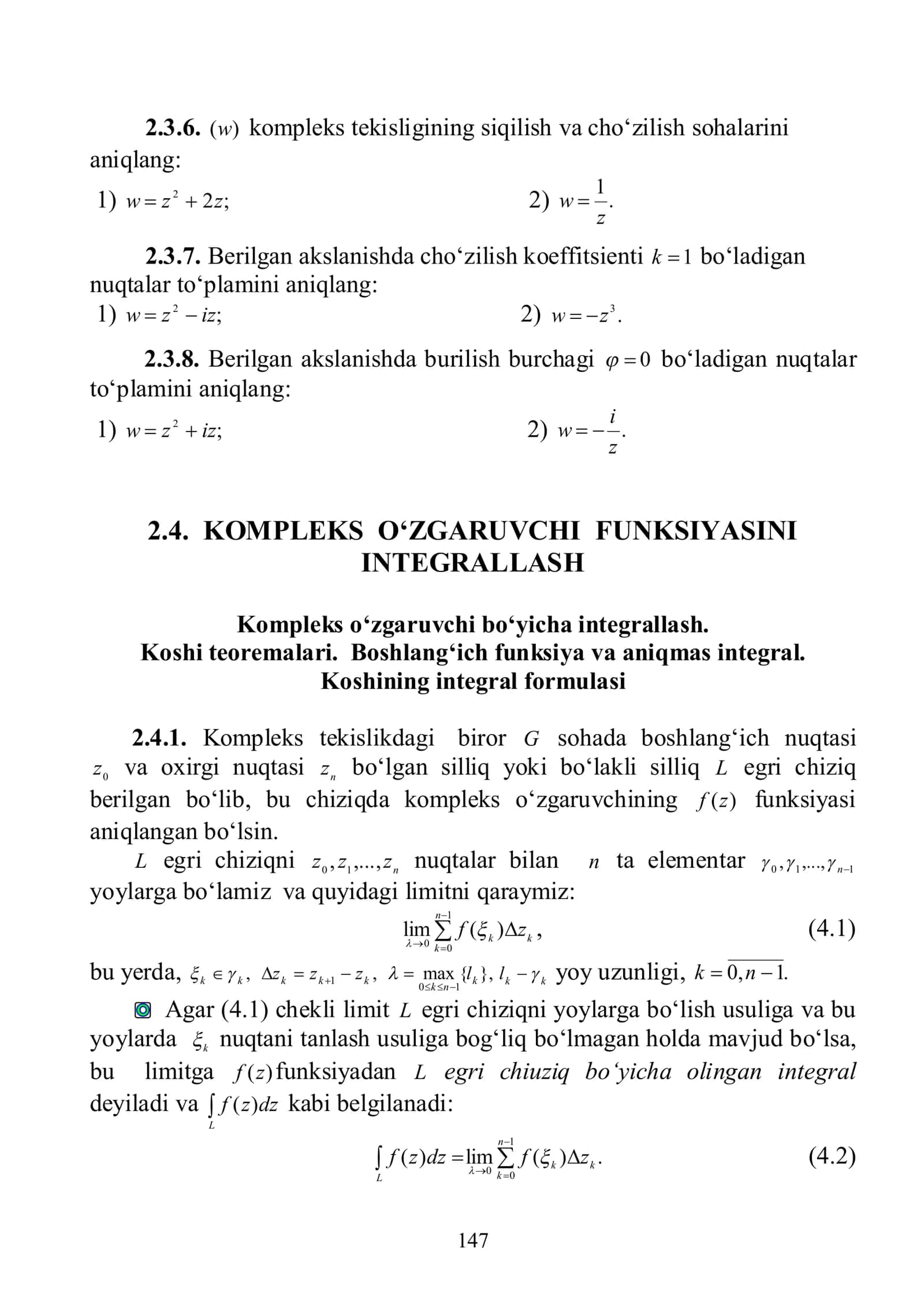 2.4. KOMPLEKS O‘ZGARUVCHI FUNKSIYASINI INTEGRALLASH 1
